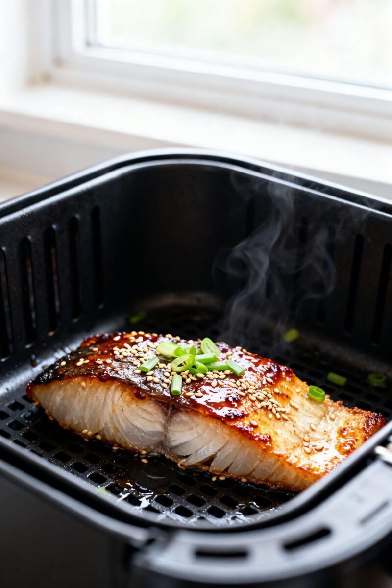 Close-up detail: Air-fried miso cod just out of the basket at 380°F, showing a glossy, lightly cara
