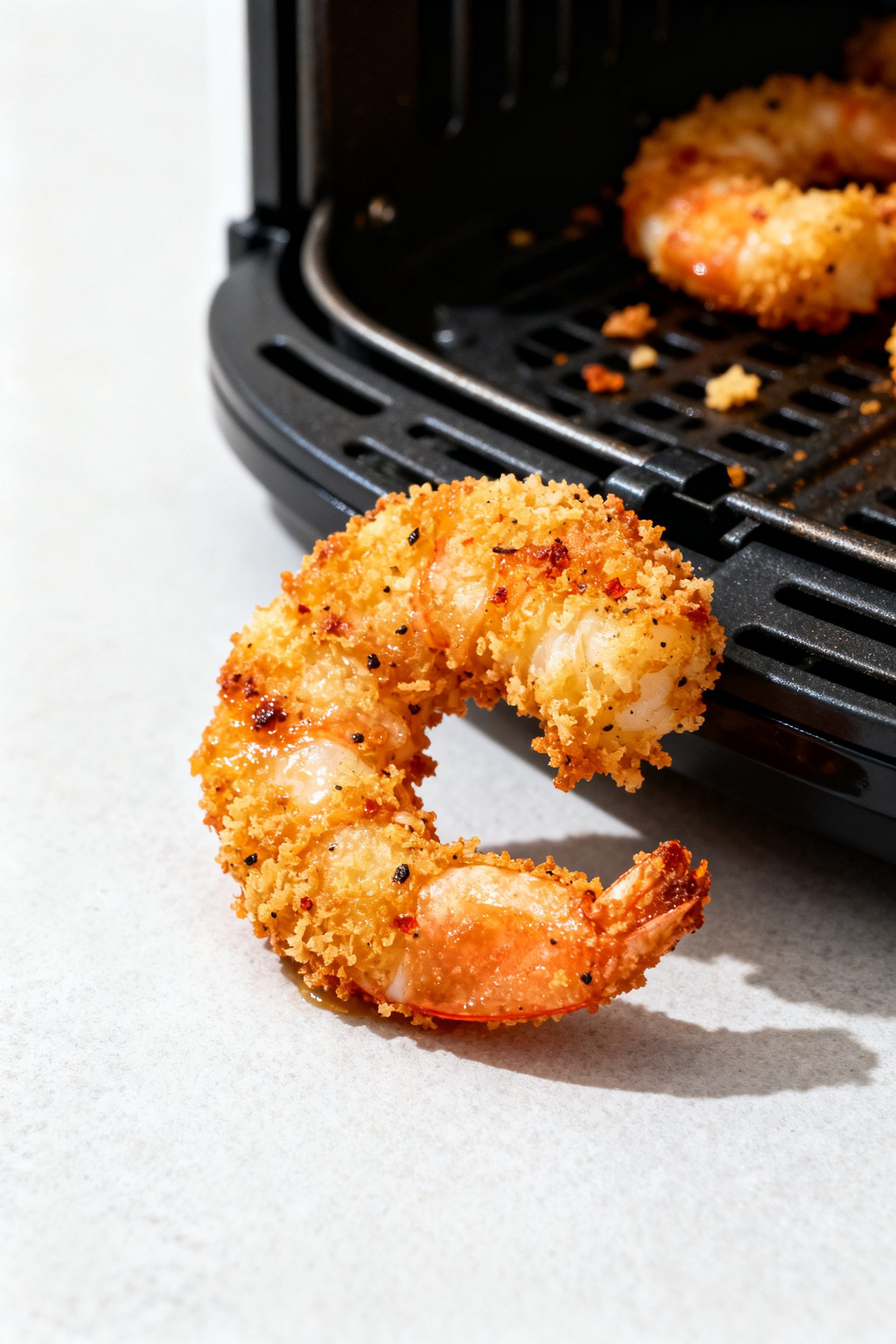 Close-up detail: Air-fried panko-crusted shrimp just out of the basket, golden and deeply crisp with