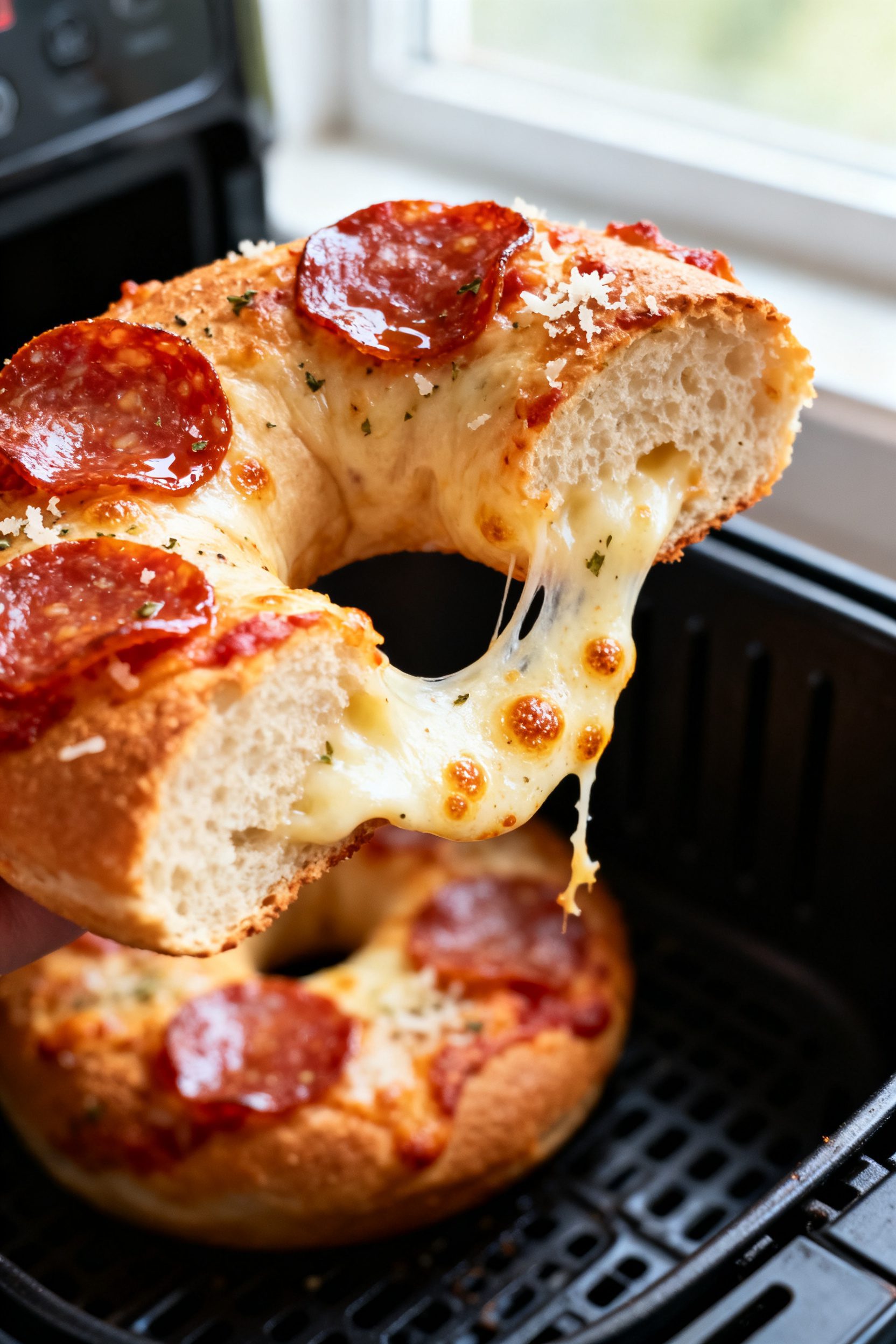 Close-up detail: Air-fried pizza bagel just out of the basket, cheese melted and lightly browned wit