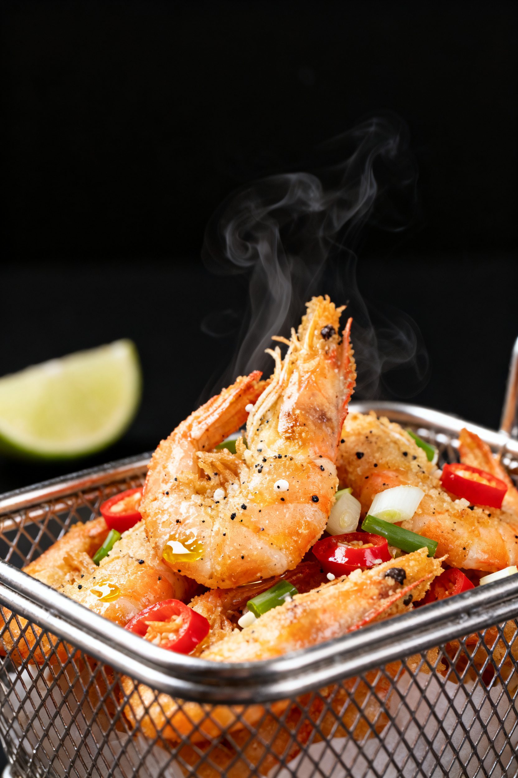 Close-up detail: Air-fried salt and pepper shrimp just out of the basket, shells lightly blistered a