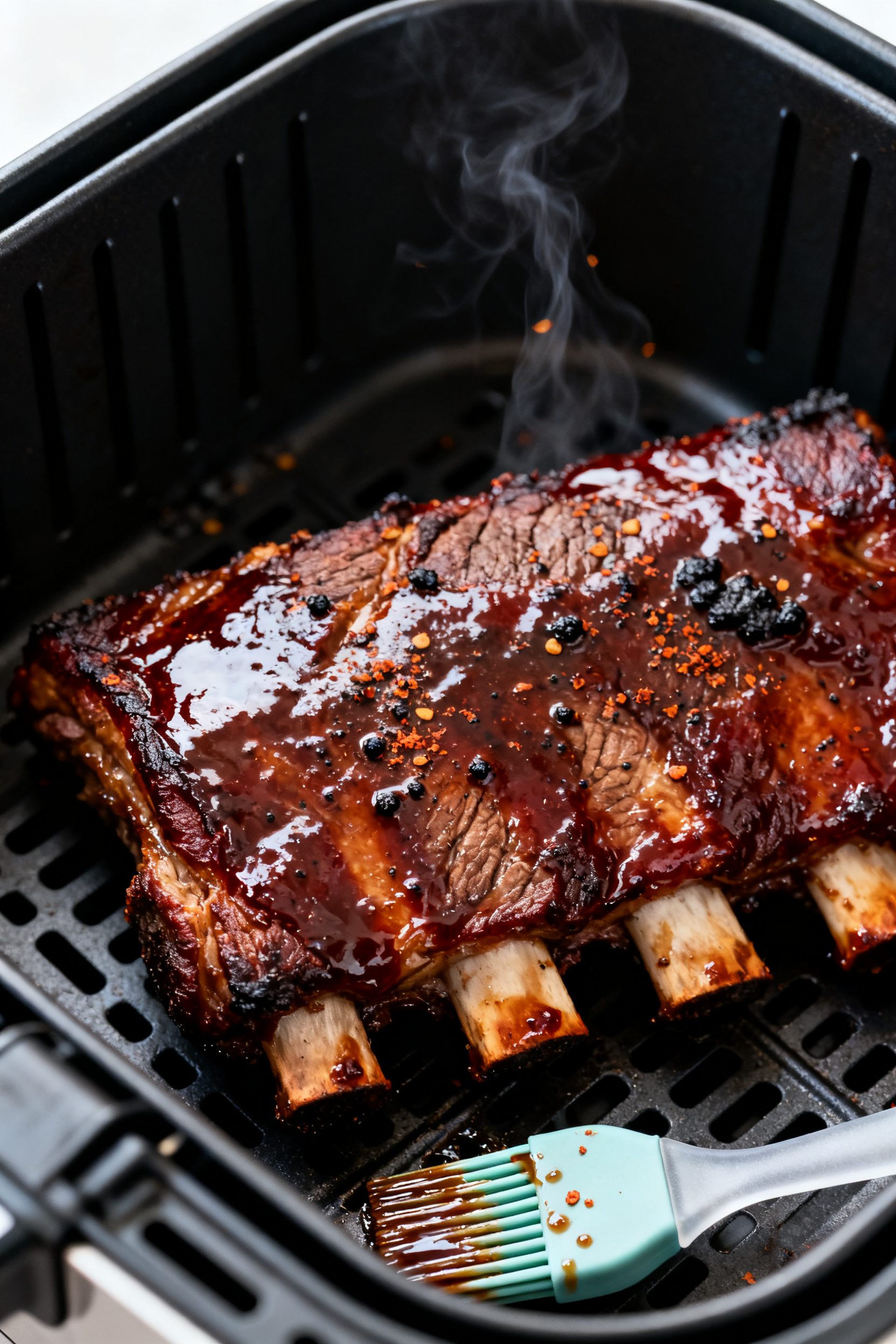 Close-up detail: Air fryer beef short ribs just finished glazing, meaty side up, with a lacquered ba