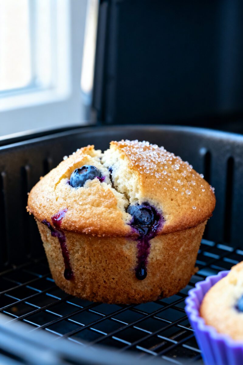 Close-up detail: Air fryer blueberry muffin just out of the basket, golden crackly dome with coarse