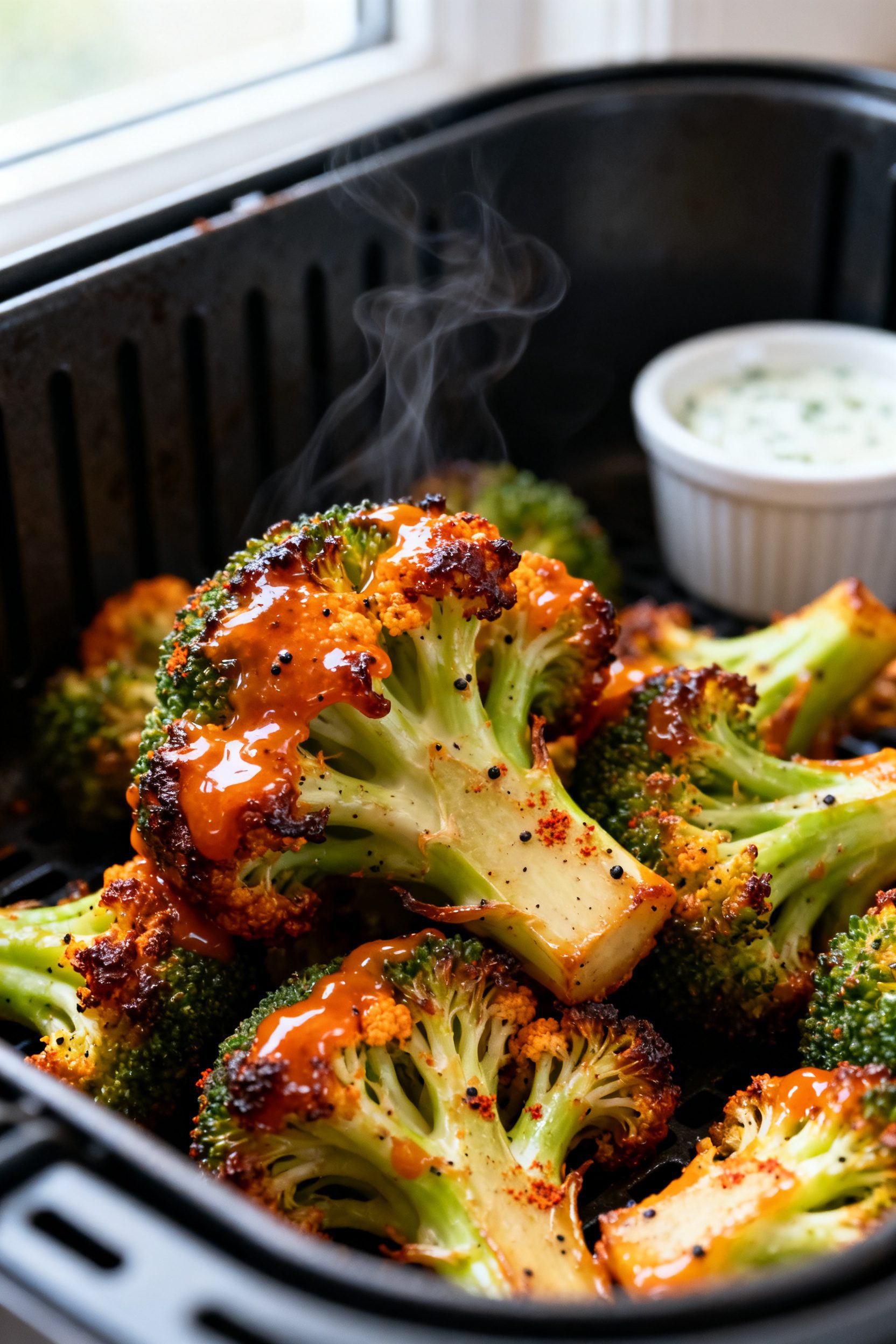Close-up detail: Air fryer buffalo broccoli just after the saucy “finish” round, sizzling floret