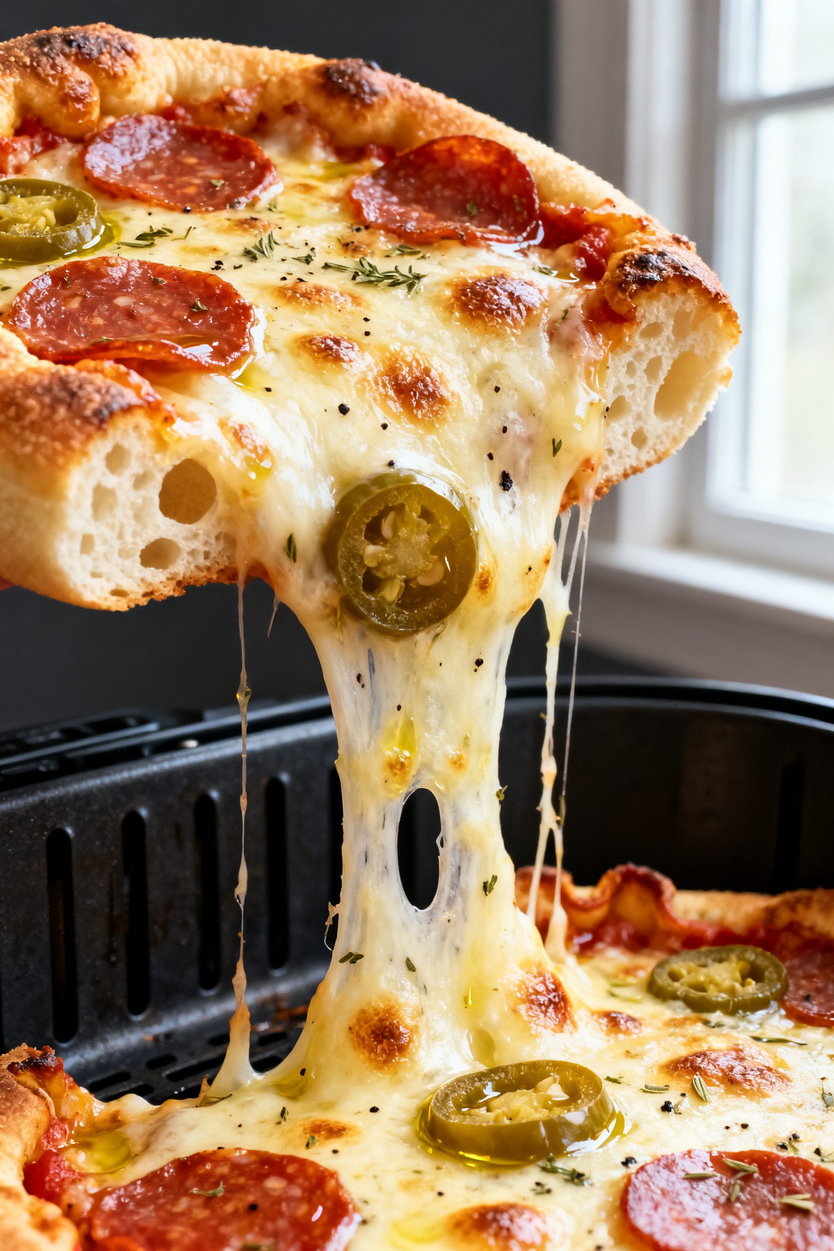 Close-up detail: Air fryer English muffin pizza just out of the basket at 375°F, cheese fully melte
