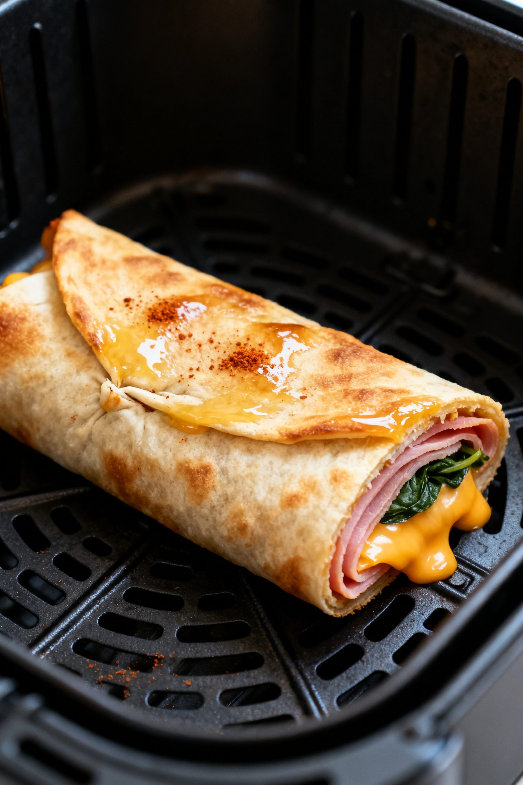 Close-up detail: Air fryer ham and cheese wrap just out of the basket, seam-side down and golden wit