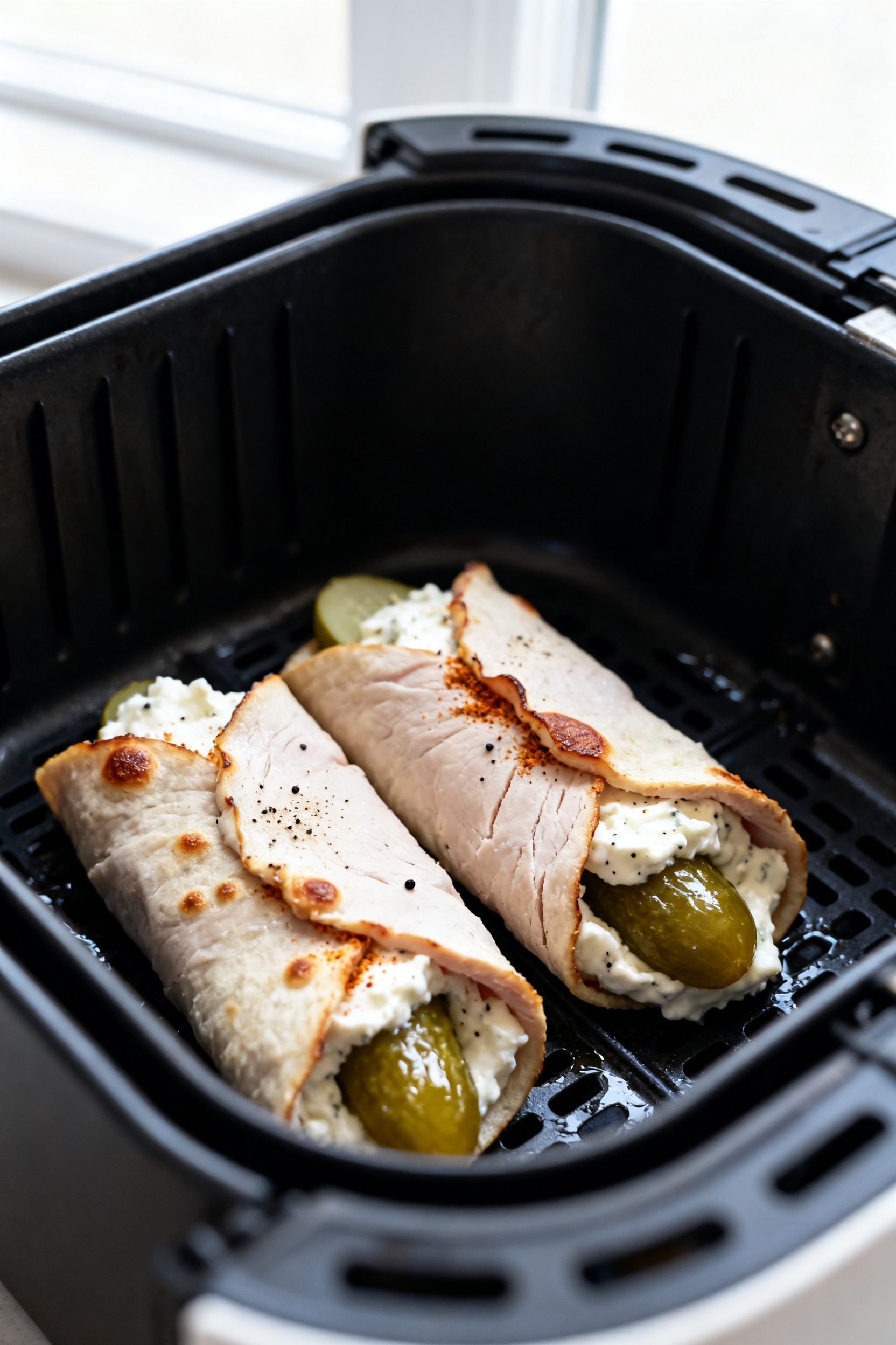 Close-up detail: Air fryer pickle wraps just out of the basket at 375°F, edges of turkey lightly br