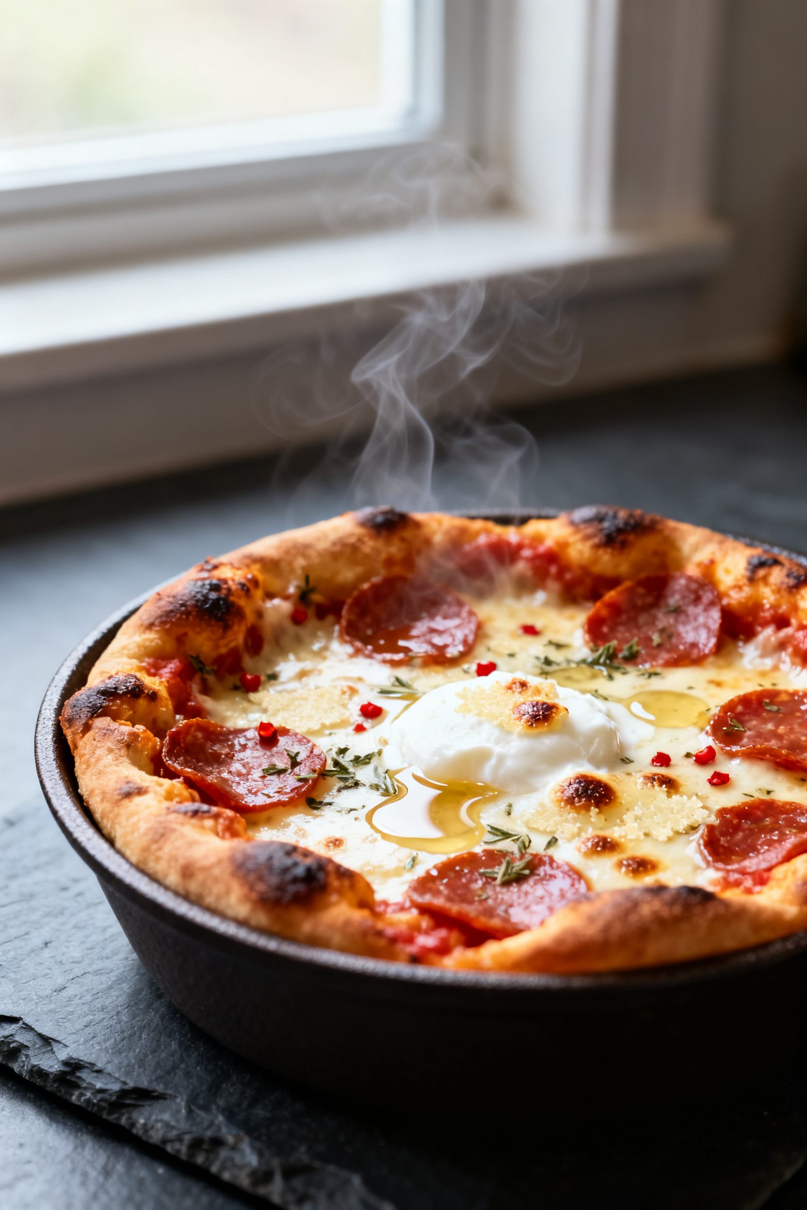 Close-up detail: Air Fryer Pizza Bowl just out of the fryer, cheese molten and blistered with browne