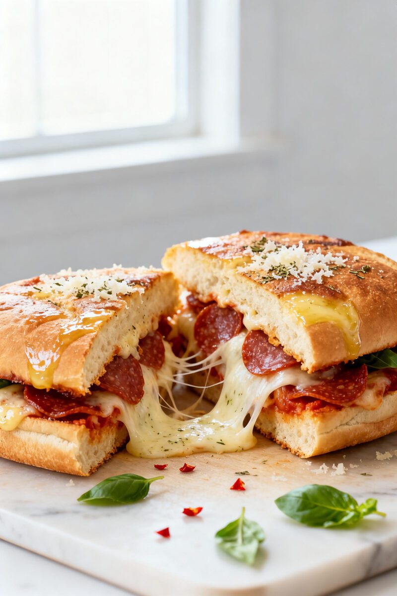 Close-up detail: Air Fryer Pizza Sandwich just sliced on a cutting board, showcasing gooey, stretchy