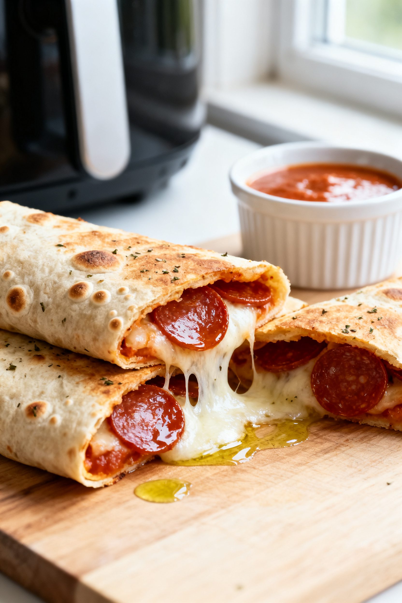 Close-up detail: Air fryer pizza wrap just sliced on a cutting board, showing molten mozzarella pull