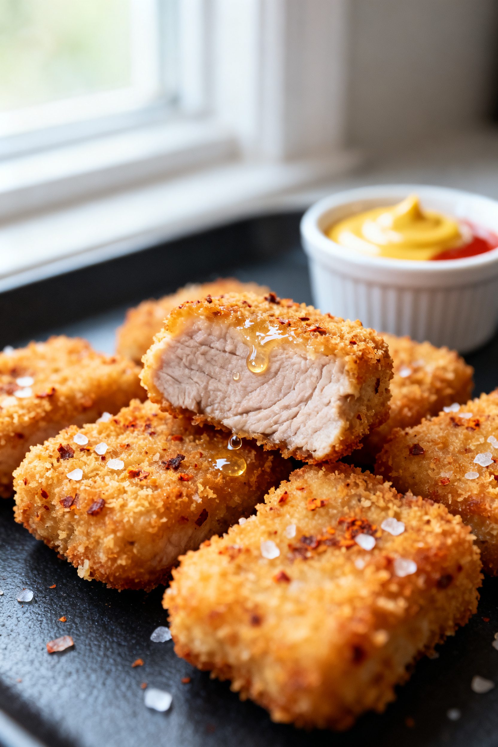 Close-up detail: Air fryer pork nuggets just out of the basket, golden-brown panko crust with visibl