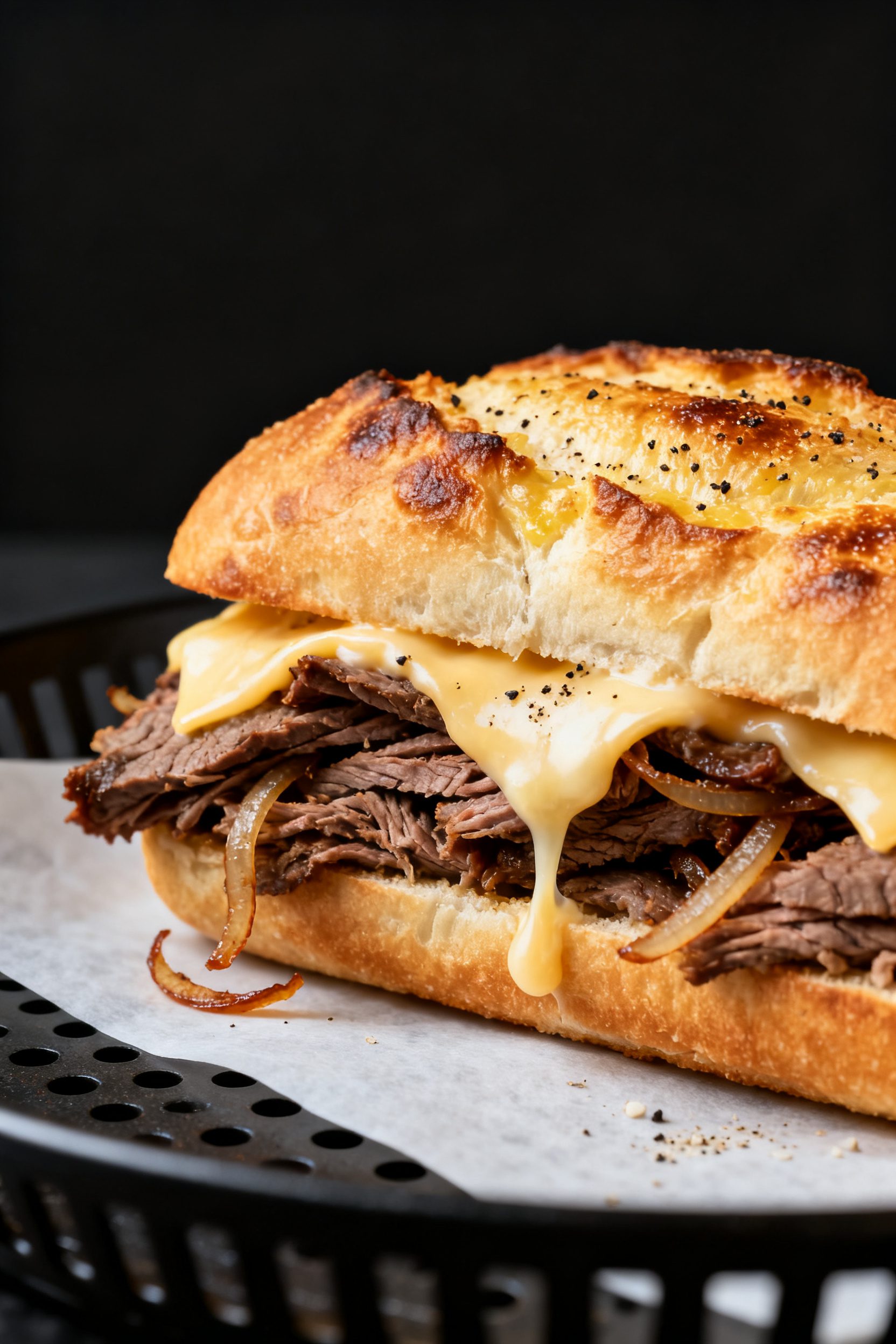 Close-up detail: Air Fryer Roast Beef Sandwich just out of the basket, showing ultra-crispy, butter-