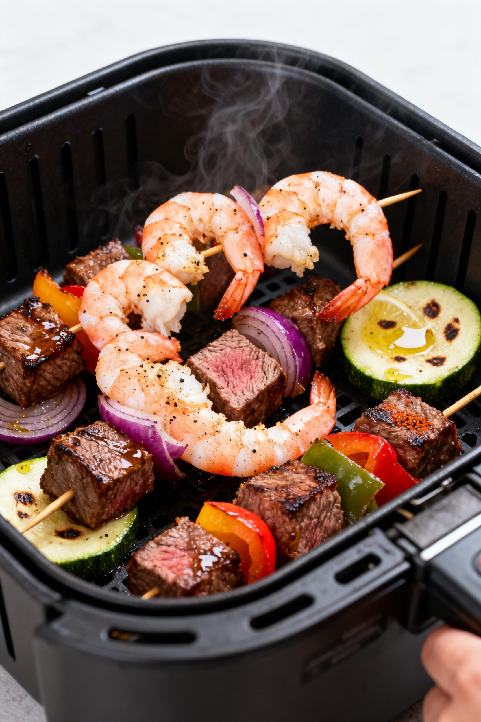Close-up detail: Air fryer steak and shrimp kabob just finished cooking in the basket at 400°F—go
