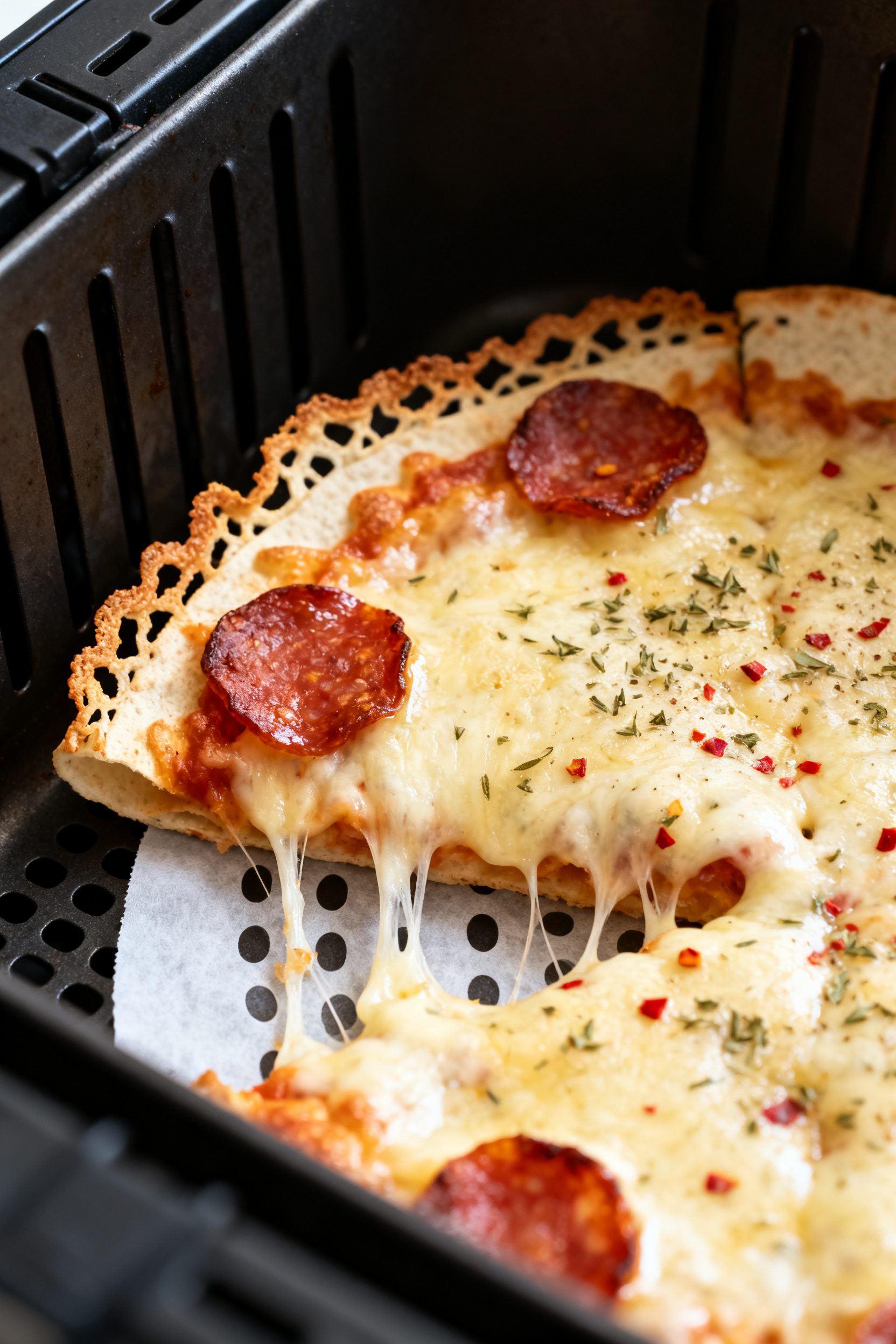 Close-up detail: Air fryer tortilla wrap pizza just finished cooking in the basket at 375°F, cheese