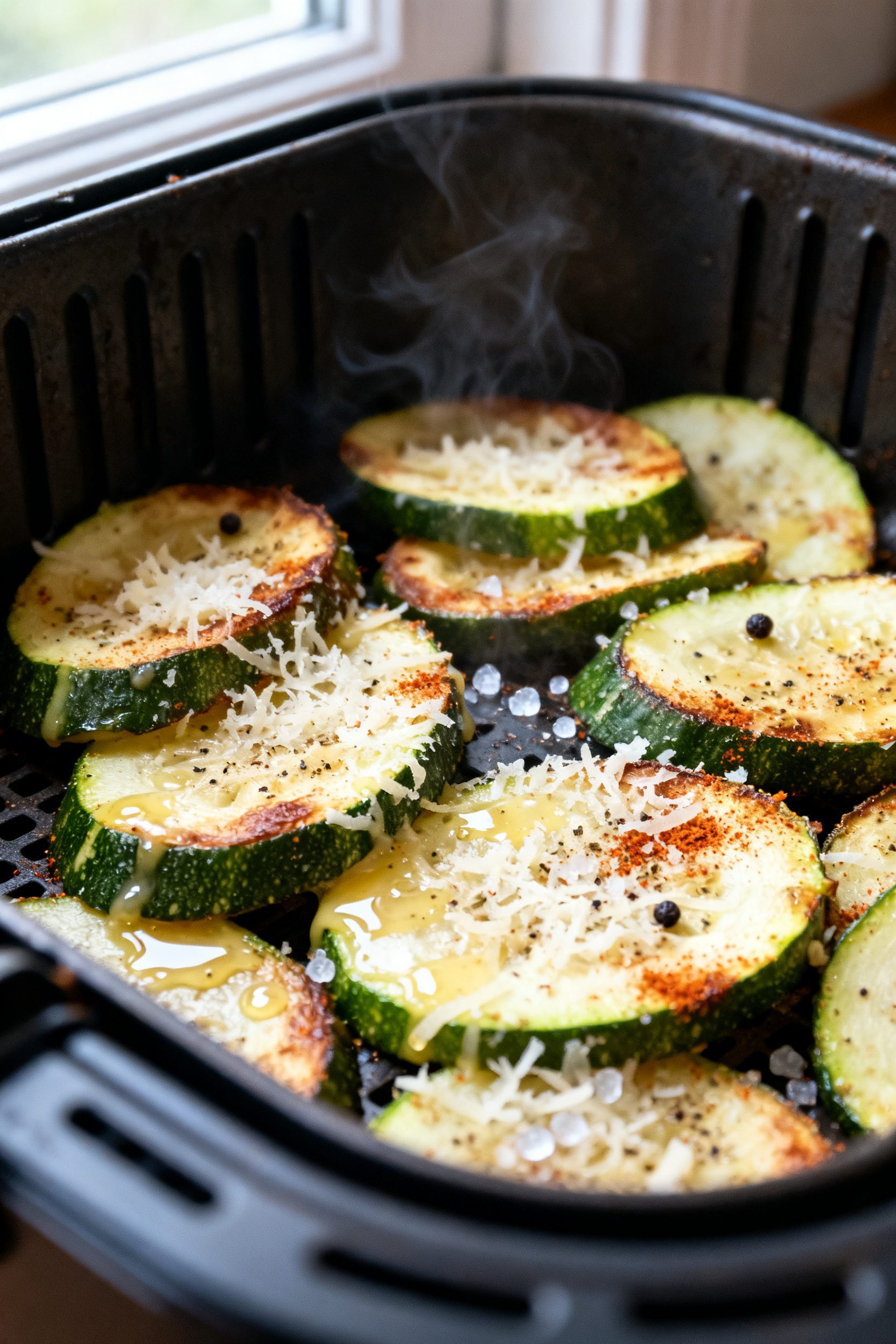Close-up detail: Crisp-tender air-fried zucchini half-moons fresh from the basket at 400°F, edges l