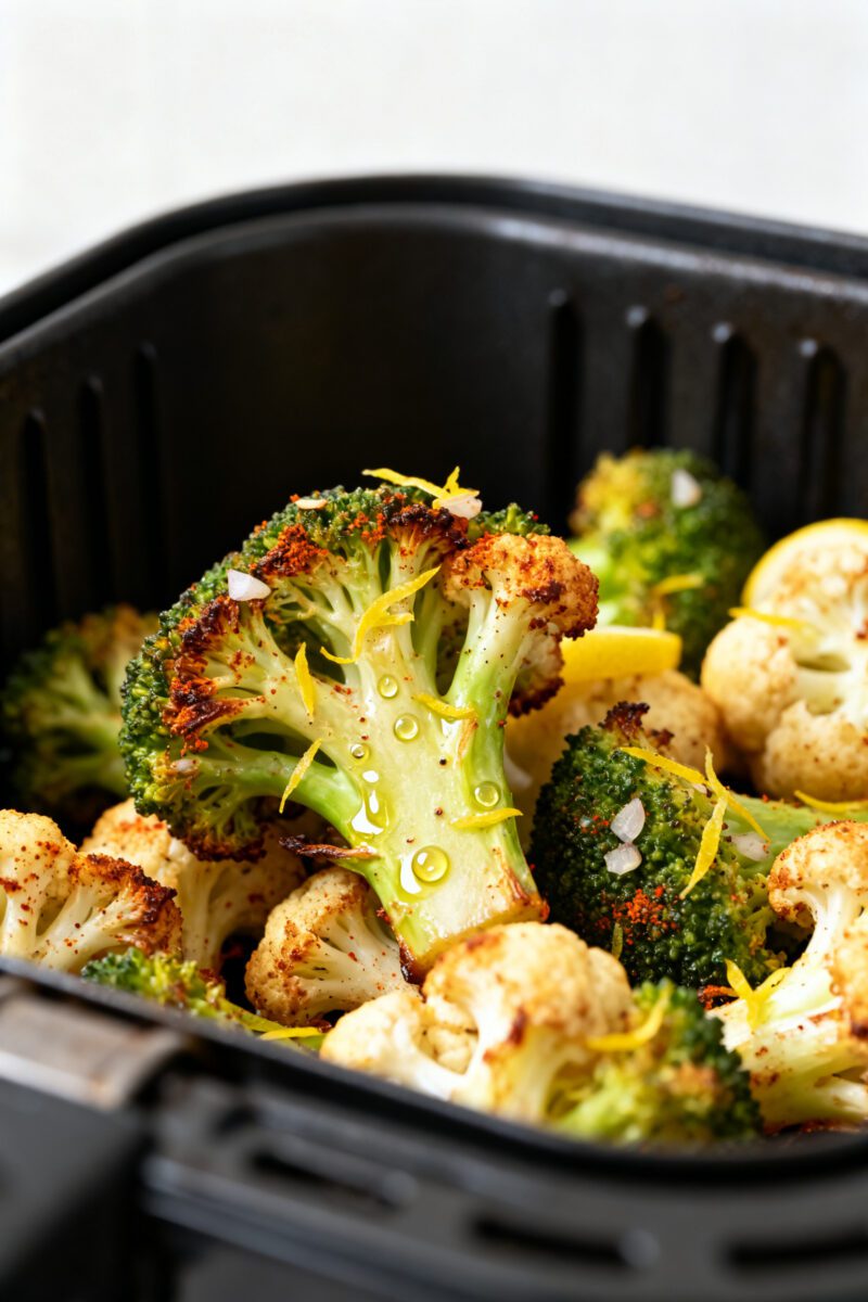 Close-up detail: Crispy air-fried broccoli and cauliflower florets fresh from the basket, edges cara