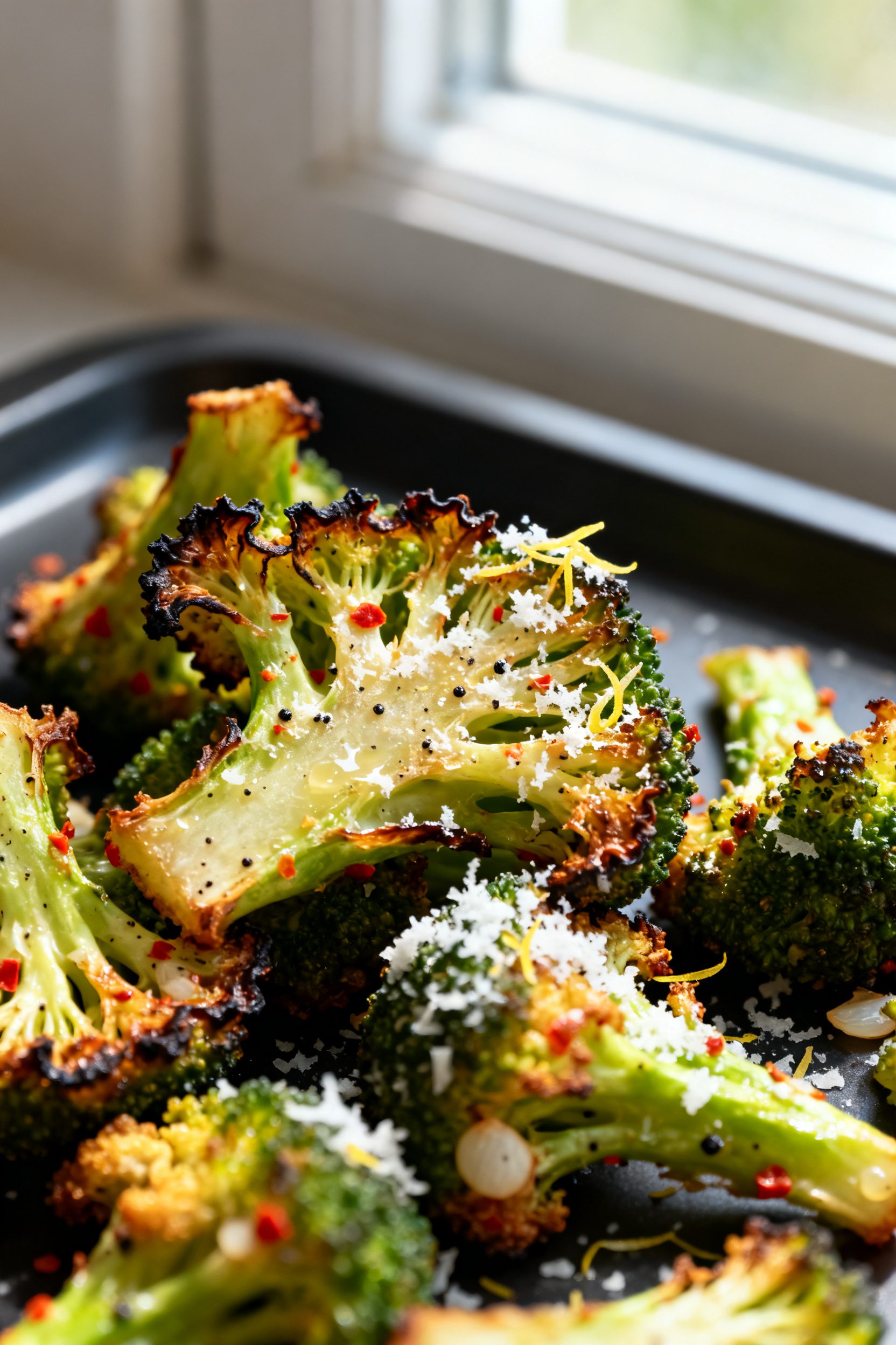 Close-up detail: Crispy air-fried broccoli chips just out of the basket, charred ruffled edges with 