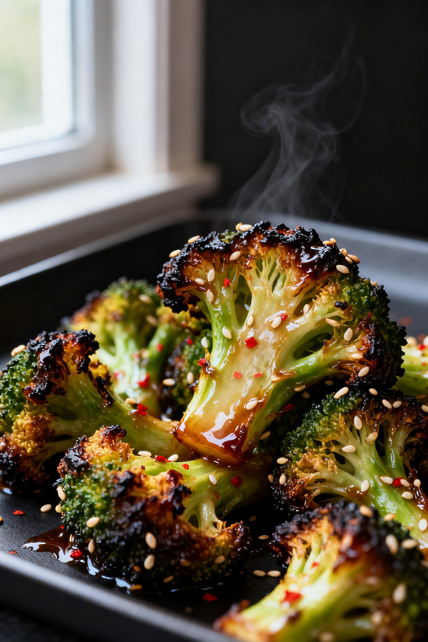 Close-up detail: Crispy air-fried broccoli florets just out of the basket, edges deeply charred and