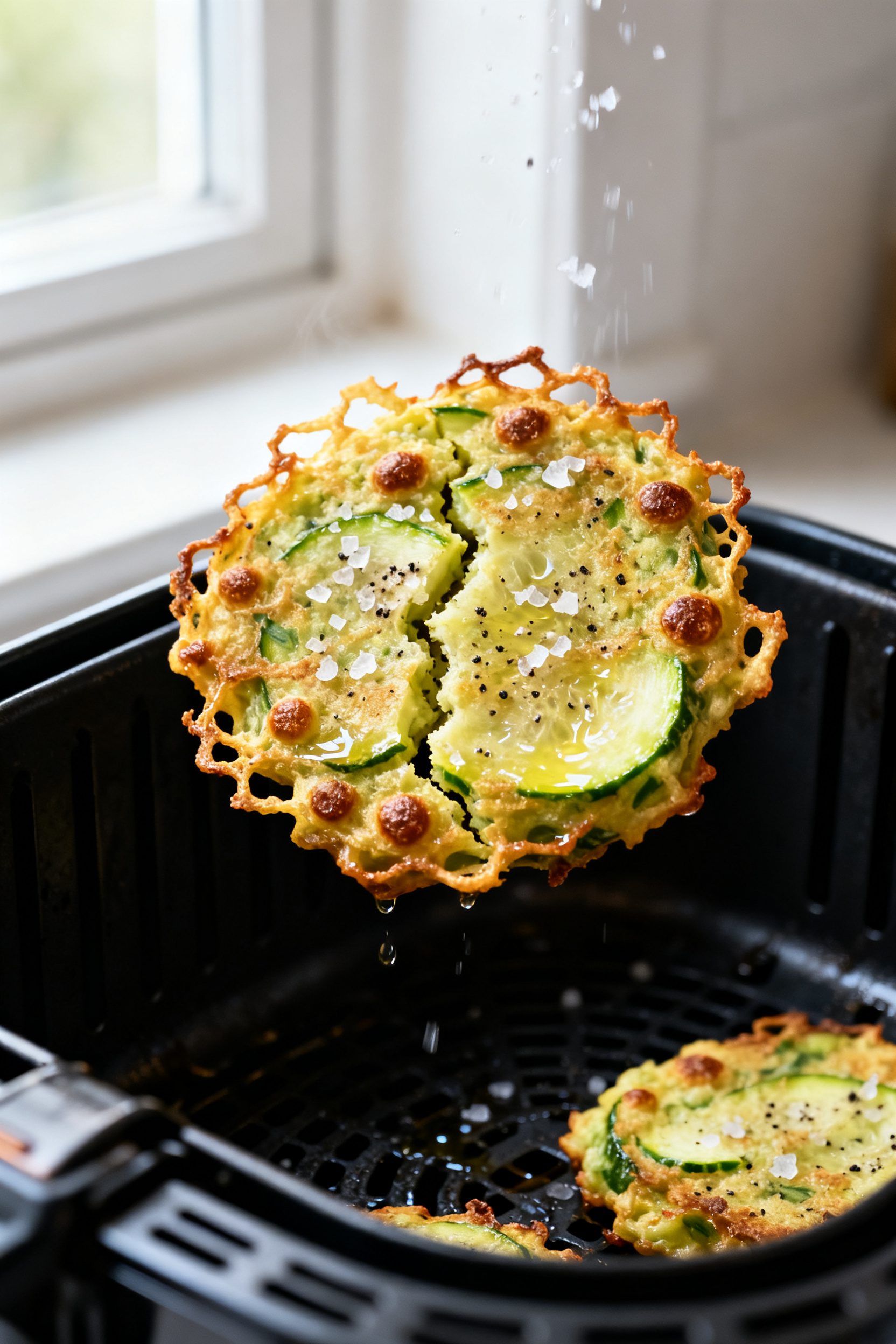 Close-up detail: Crispy air-fried vegan zucchini fritter just after flipping in the basket at 390°F