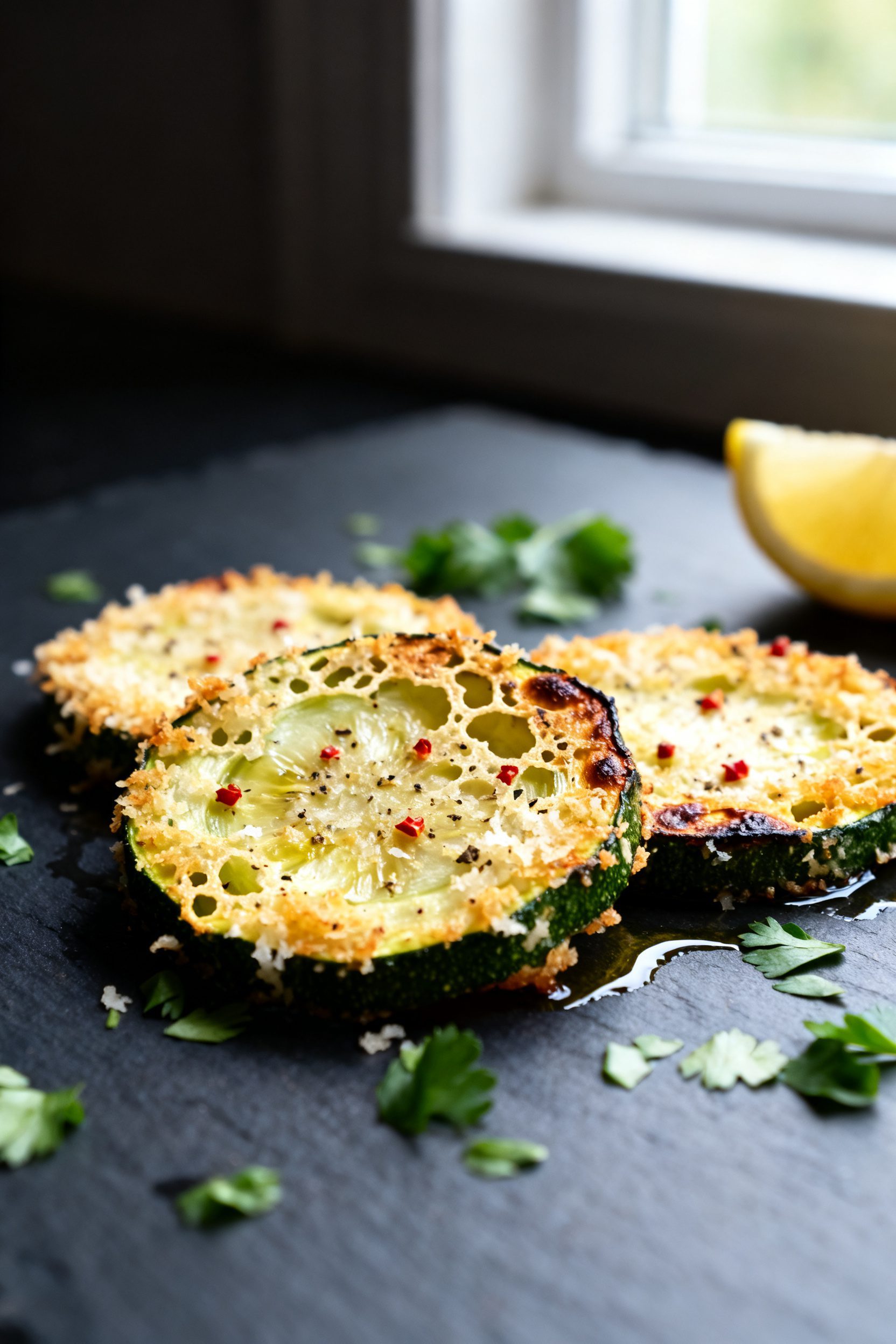 Close-up detail: Crispy air-fried zucchini rounds with golden-brown, lacy Parmesan crust and specks