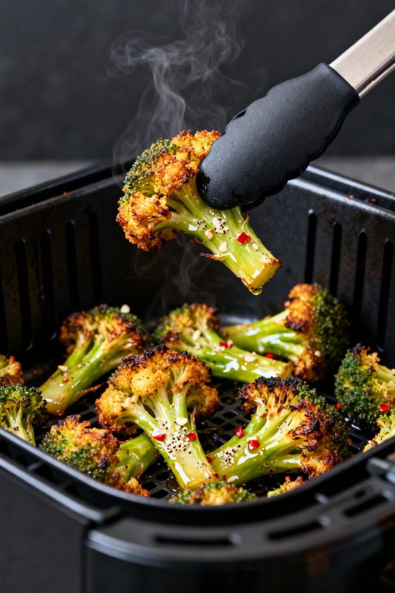 Close-up detail: Crispy air fryer broccoli just out of the basket at 400°F, showing charred, golden