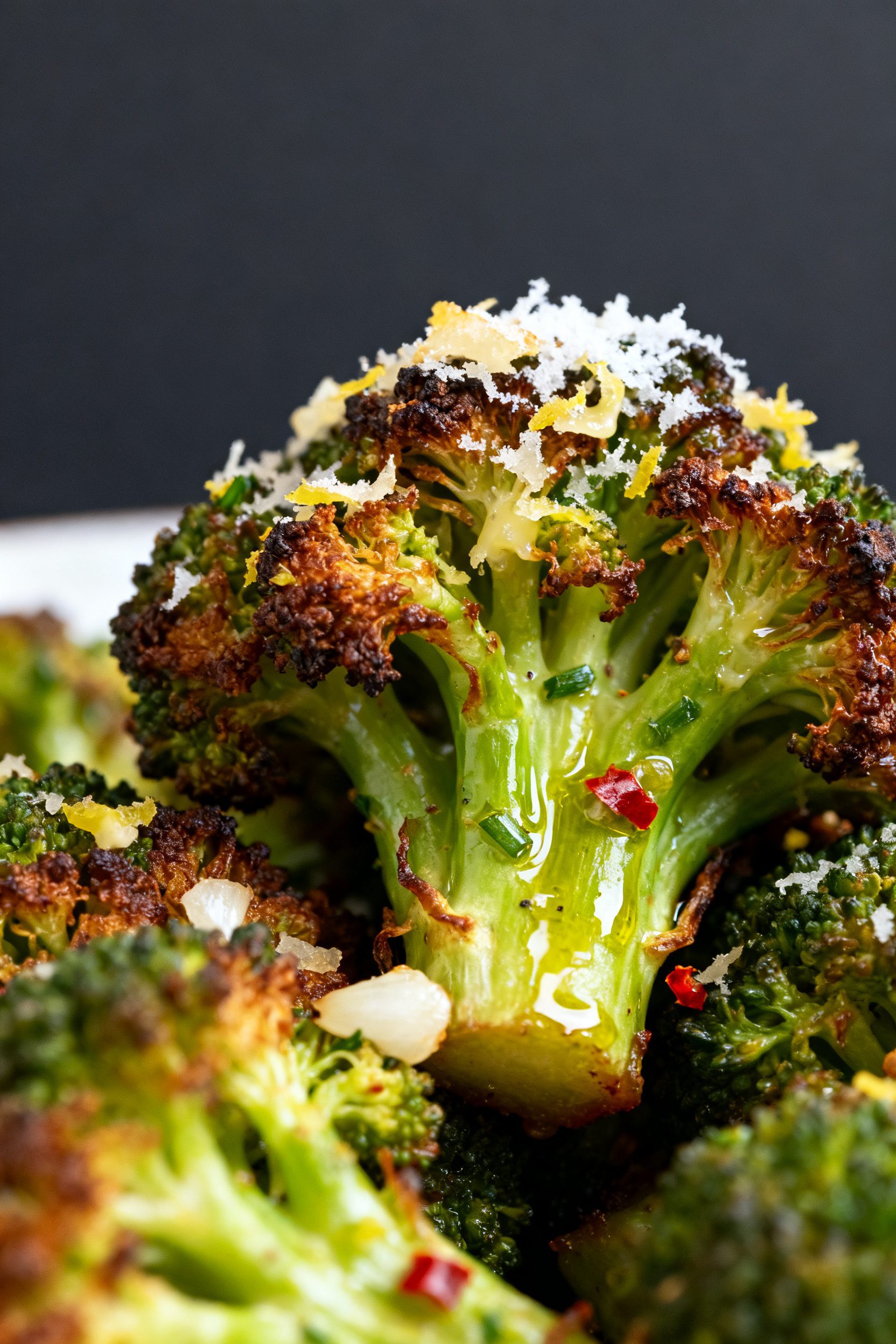 Close-up detail: Crispy air fryer smashed broccoli just out of the basket, showing deeply browned, c