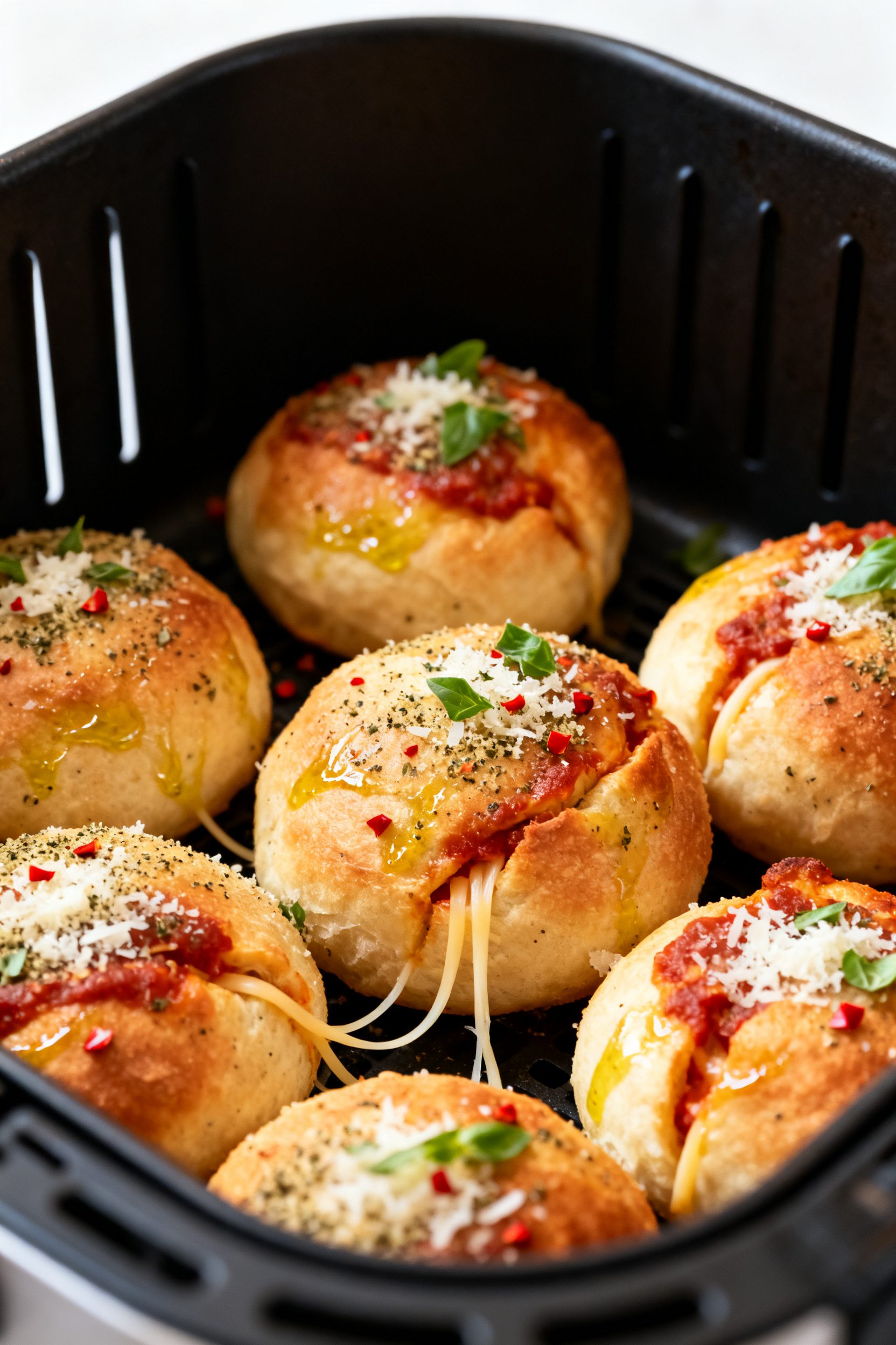 Close-up detail: Freshly air-fried pizza balls just out of the basket, golden brown and puffed with