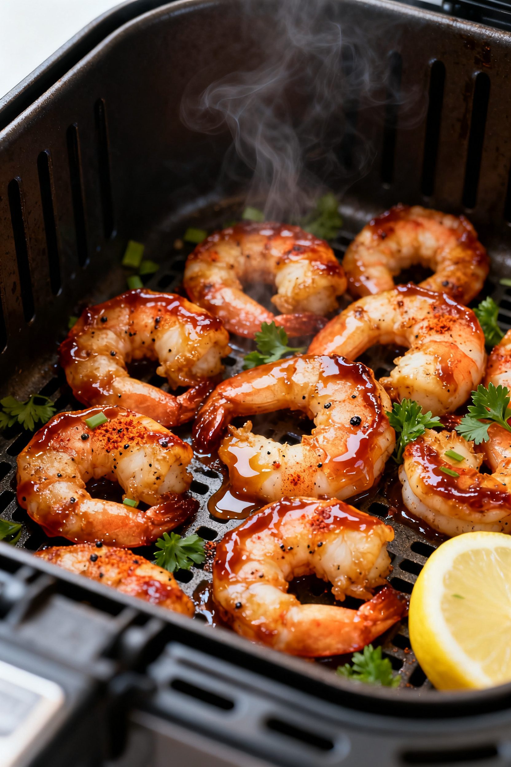 Close-up detail: Glazed air fryer BBQ shrimp just out of the basket, caramelized edges with glossy,