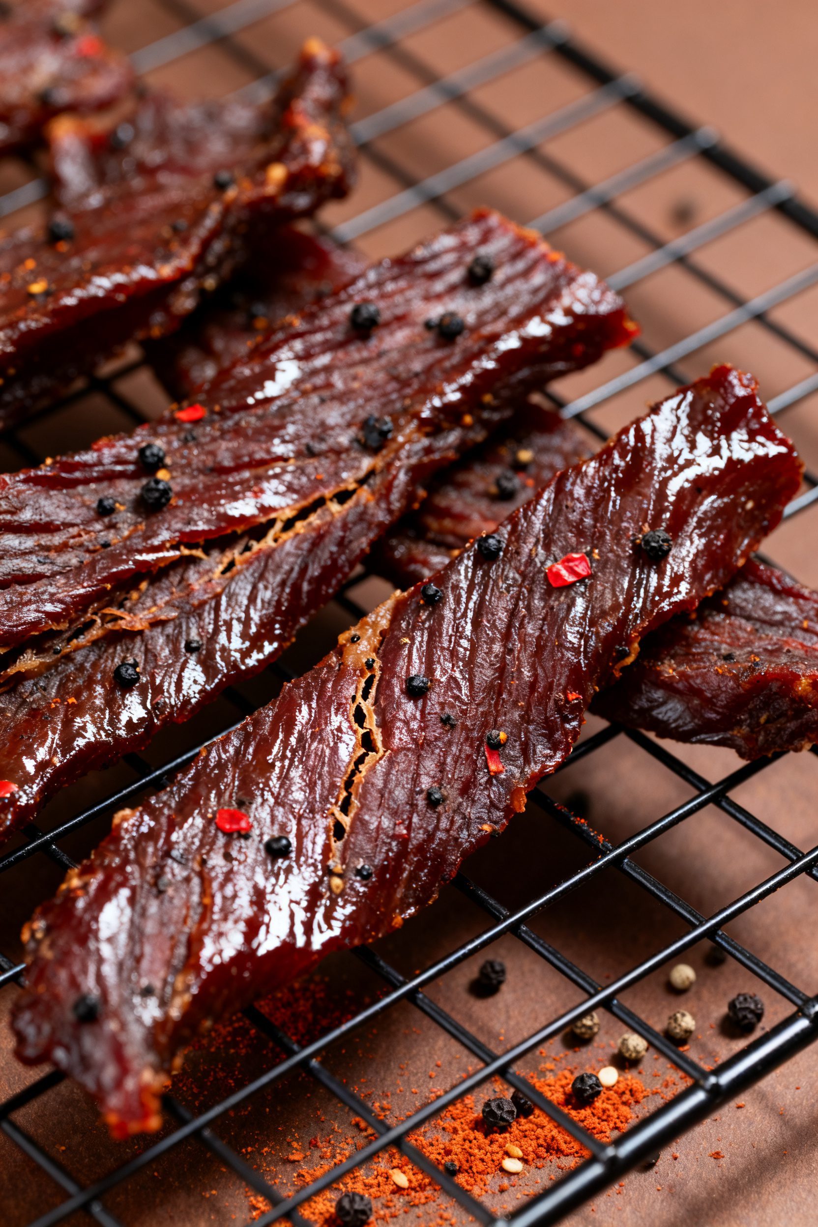 Close-up detail: Glossy, fully dried air fryer beef jerky strips cooling on a wire rack, highlightin