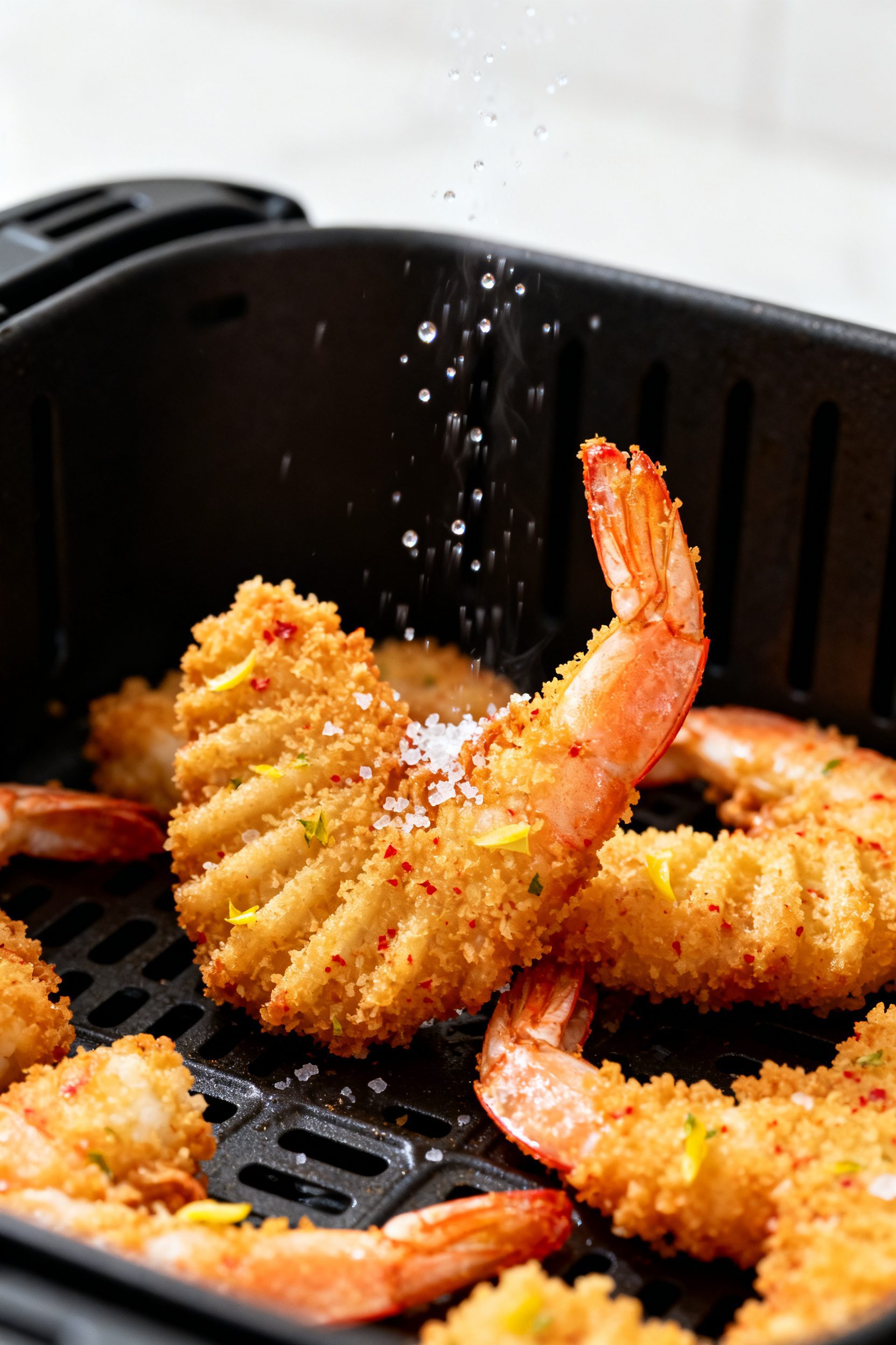 Close-up detail: Golden, air-fried butterfly shrimp just out of the basket, ultra-crisp panko coatin