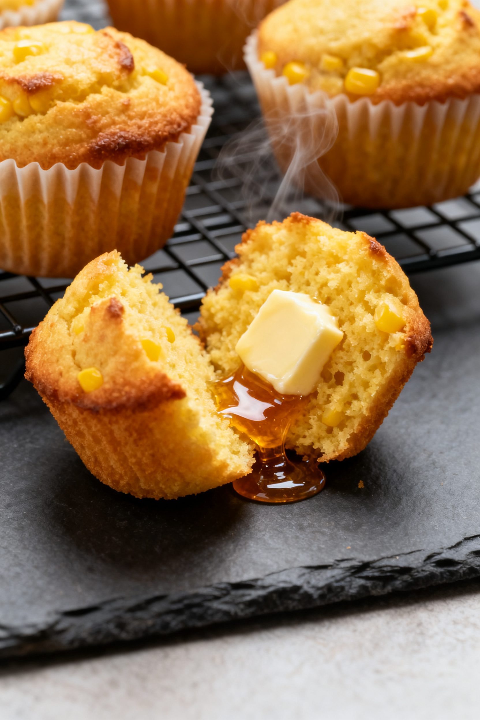 Close-up detail: Golden air-fried corn muffins just lifted from silicone cups, crisp, lightly browne