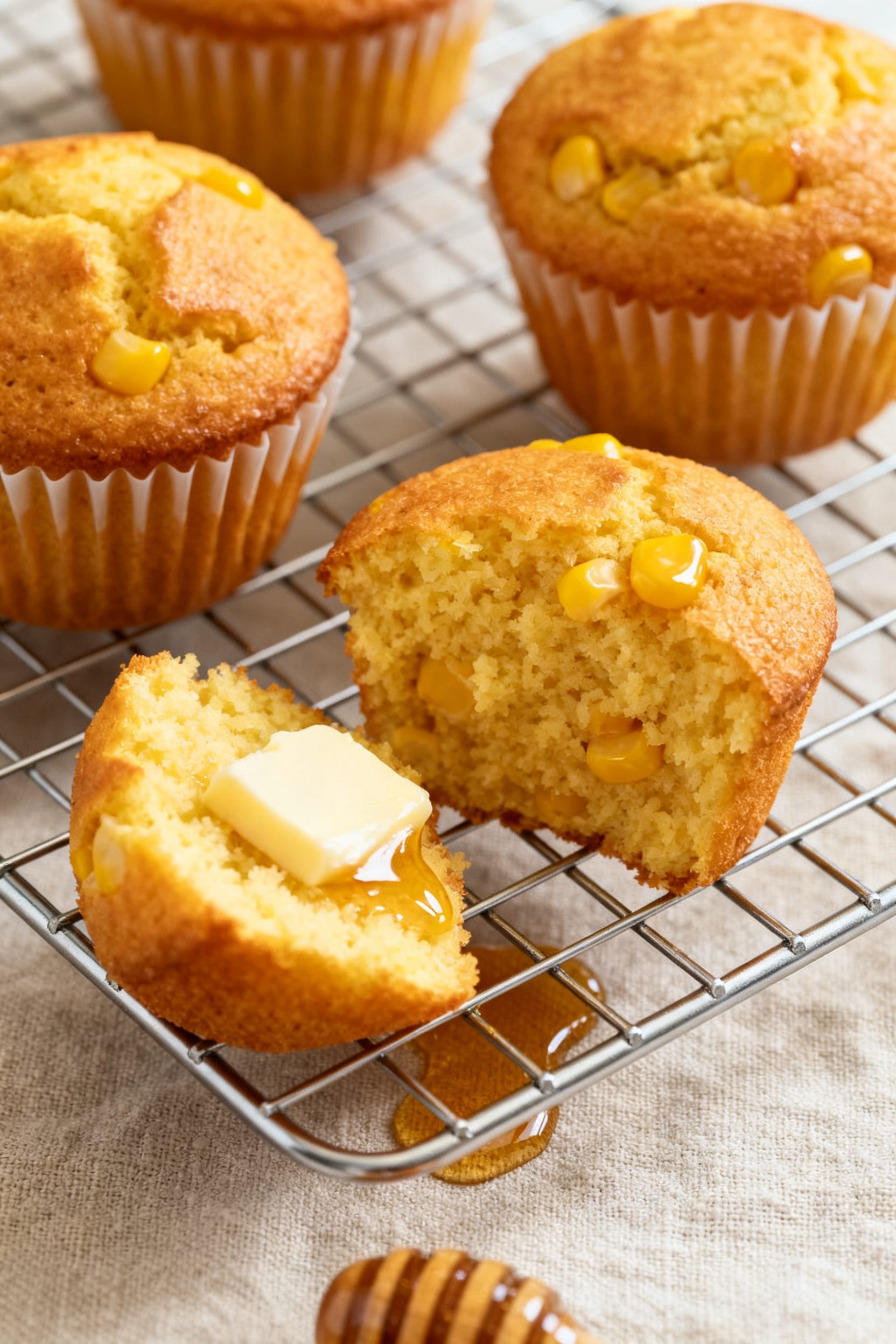 Close-up detail: Golden air fryer cornbread muffins just out of silicone cups, crisp, deeply golden 