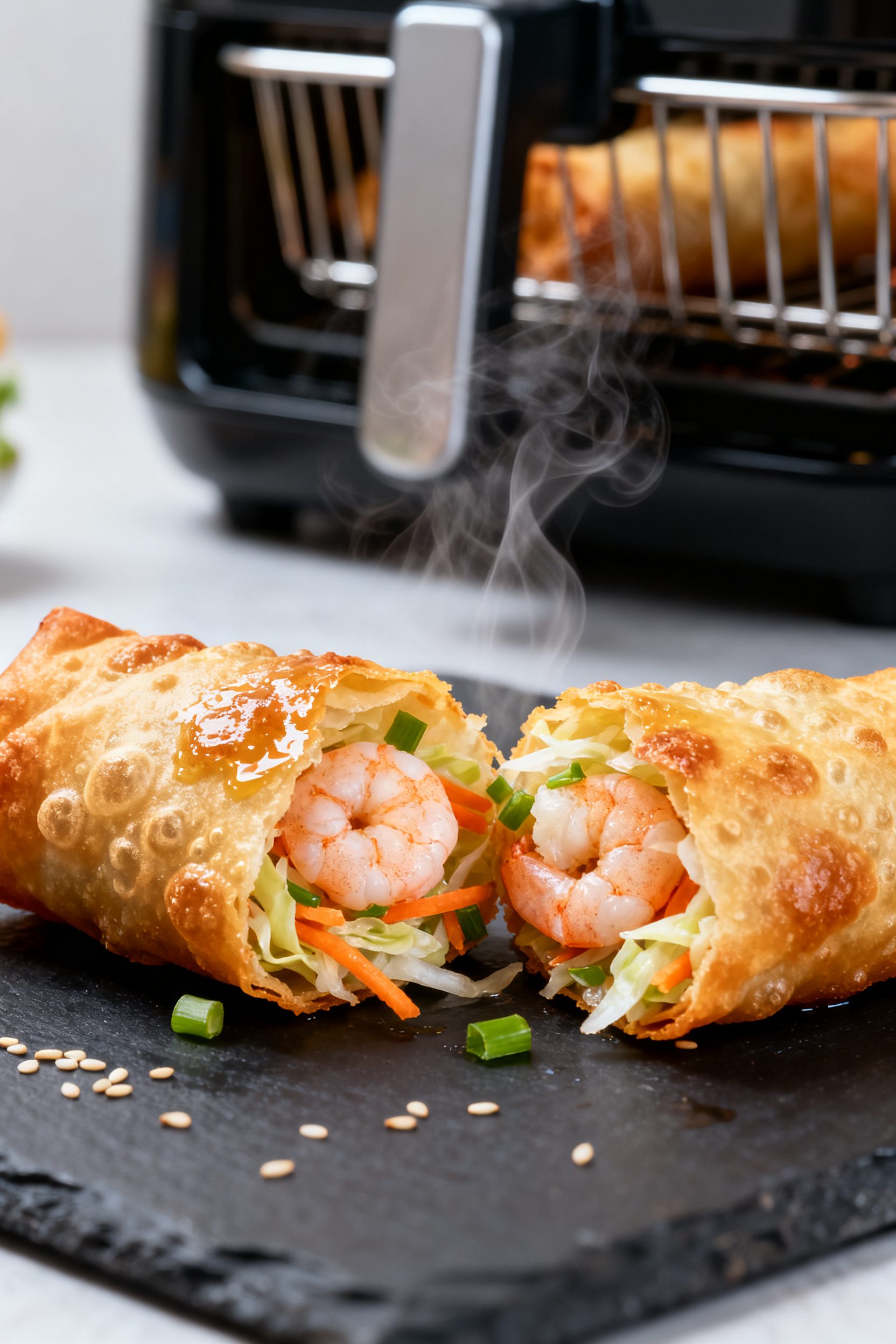 Close-up detail: Golden, blistered air-fried shrimp egg roll just out of the basket, split open to r