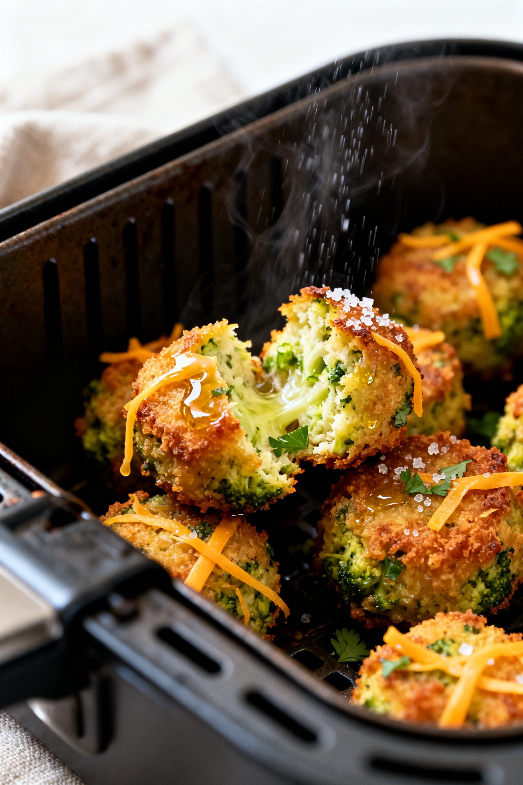 Close-up detail: Golden-brown air-fried broccoli tots just out of the basket, edges crisp with melte
