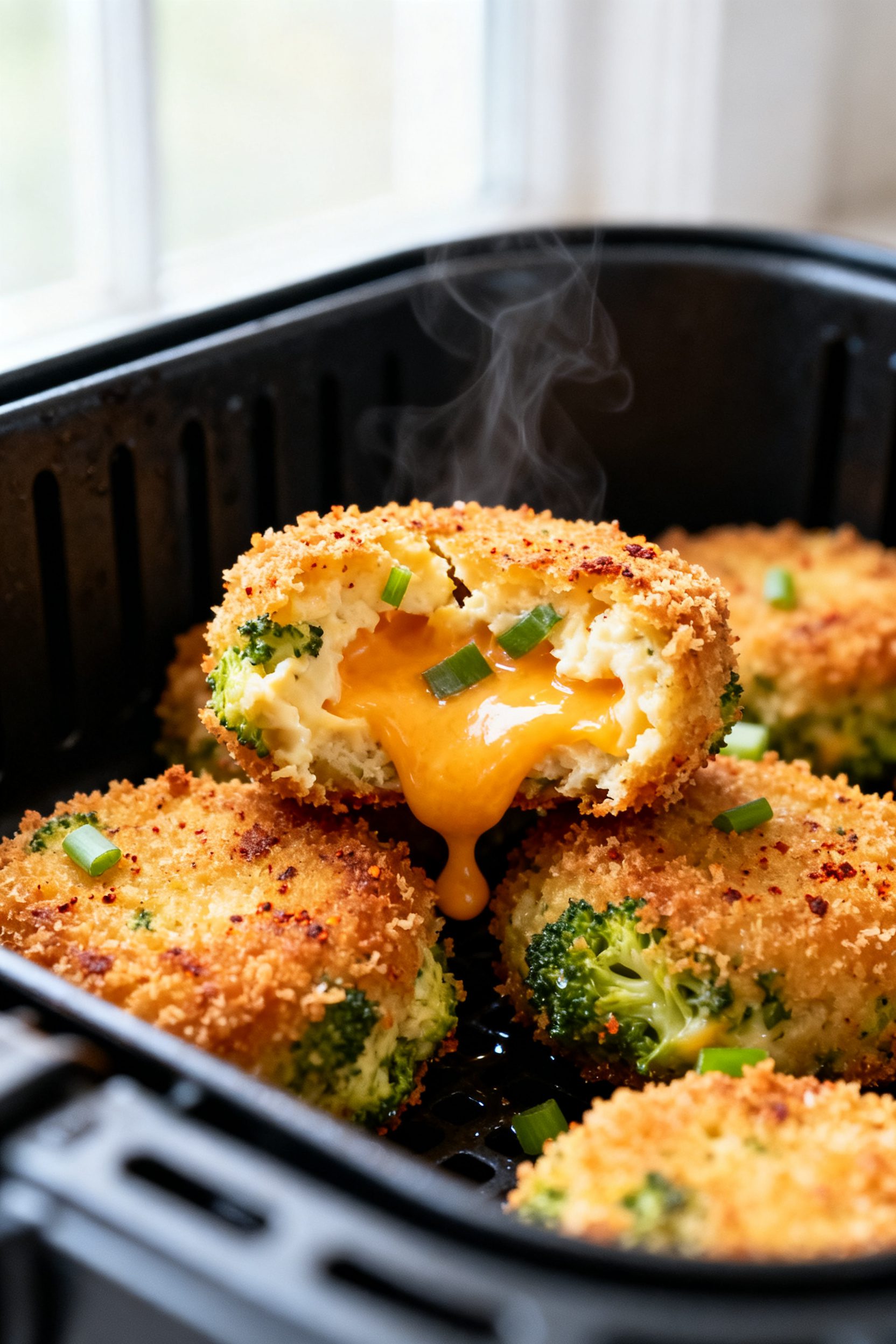 Close-up detail: Golden-brown air fryer broccoli cheese bites just out of the basket at 375°F, one 