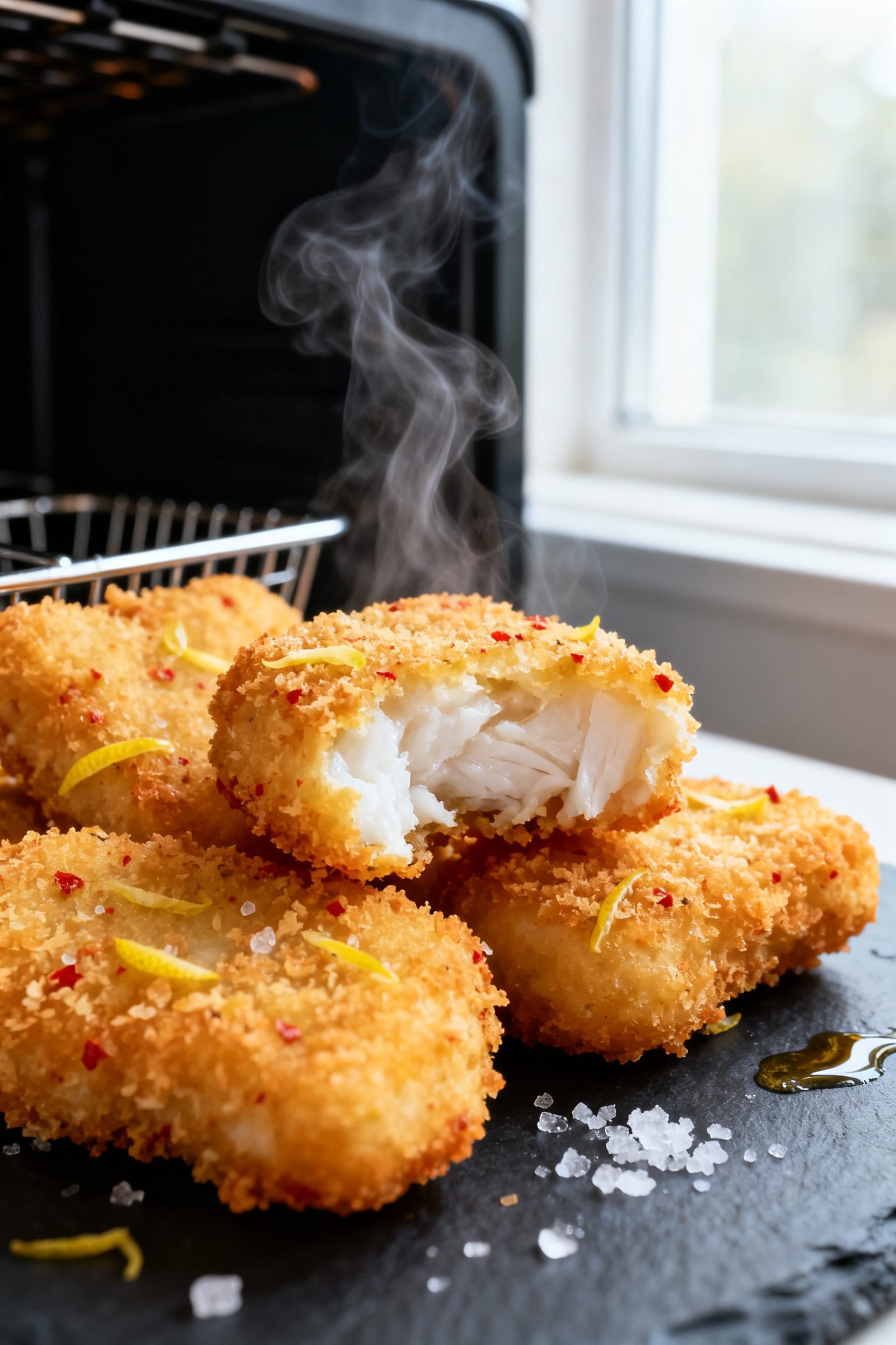 Close-up detail: Golden-brown air fryer cod nuggets just out of the basket, crisp panko coating with