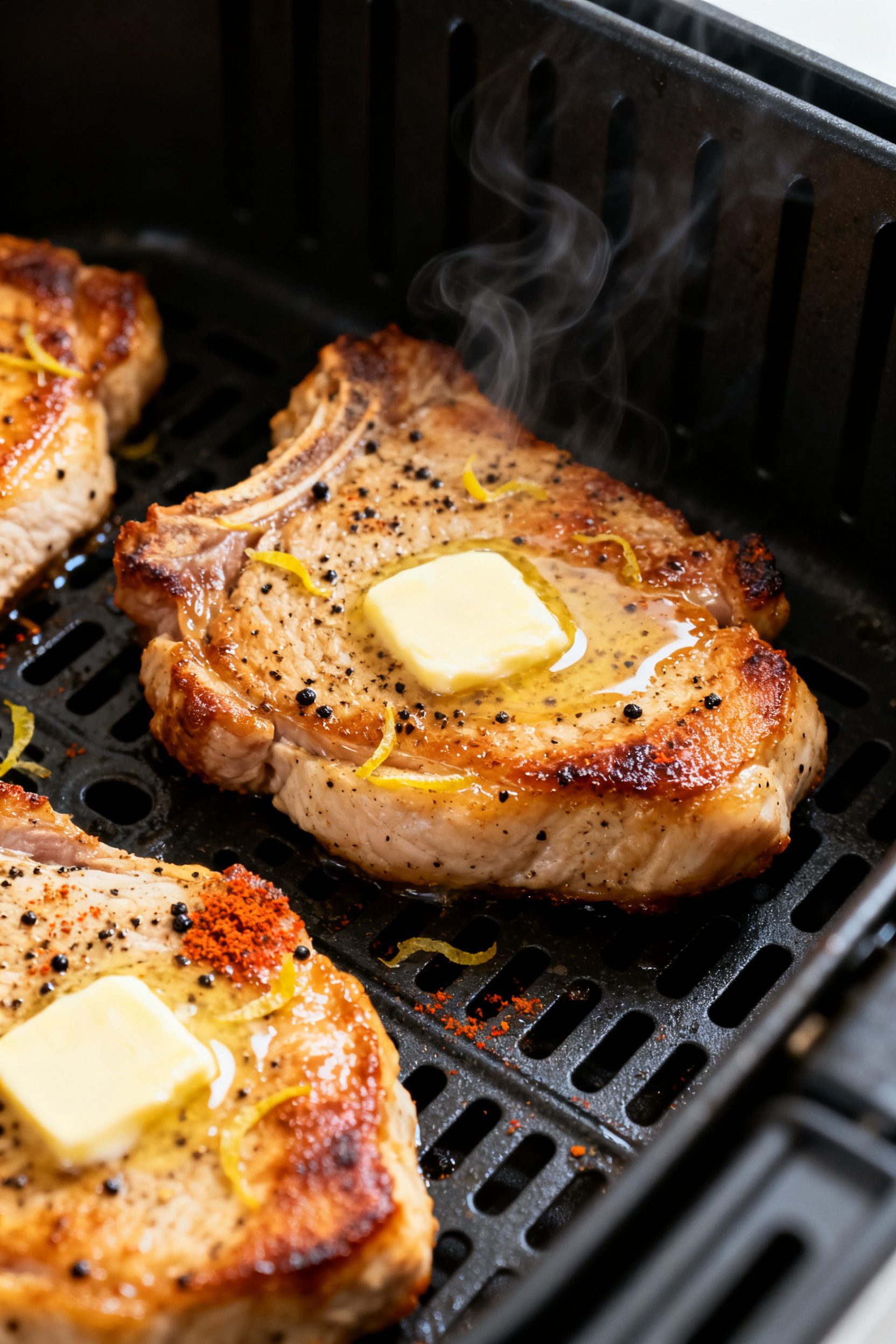 Close-up detail: Golden-browned air fryer lemon pepper pork chops just finished cooking in the baske