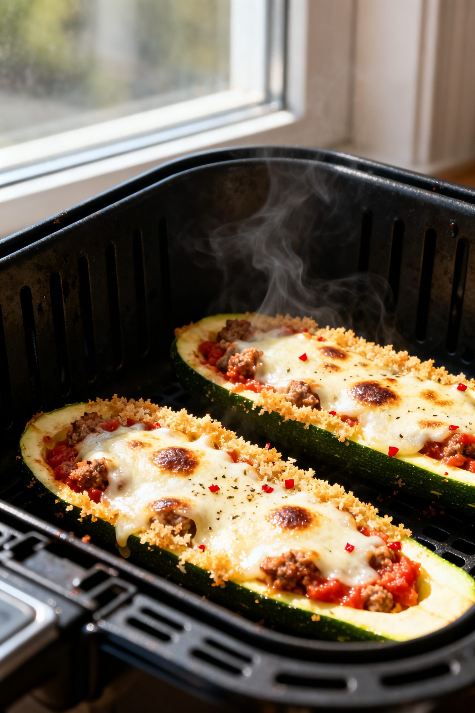 Close-up detail: Golden, bubbling air-fried zucchini boats just out of the basket at 375°F, mozzare