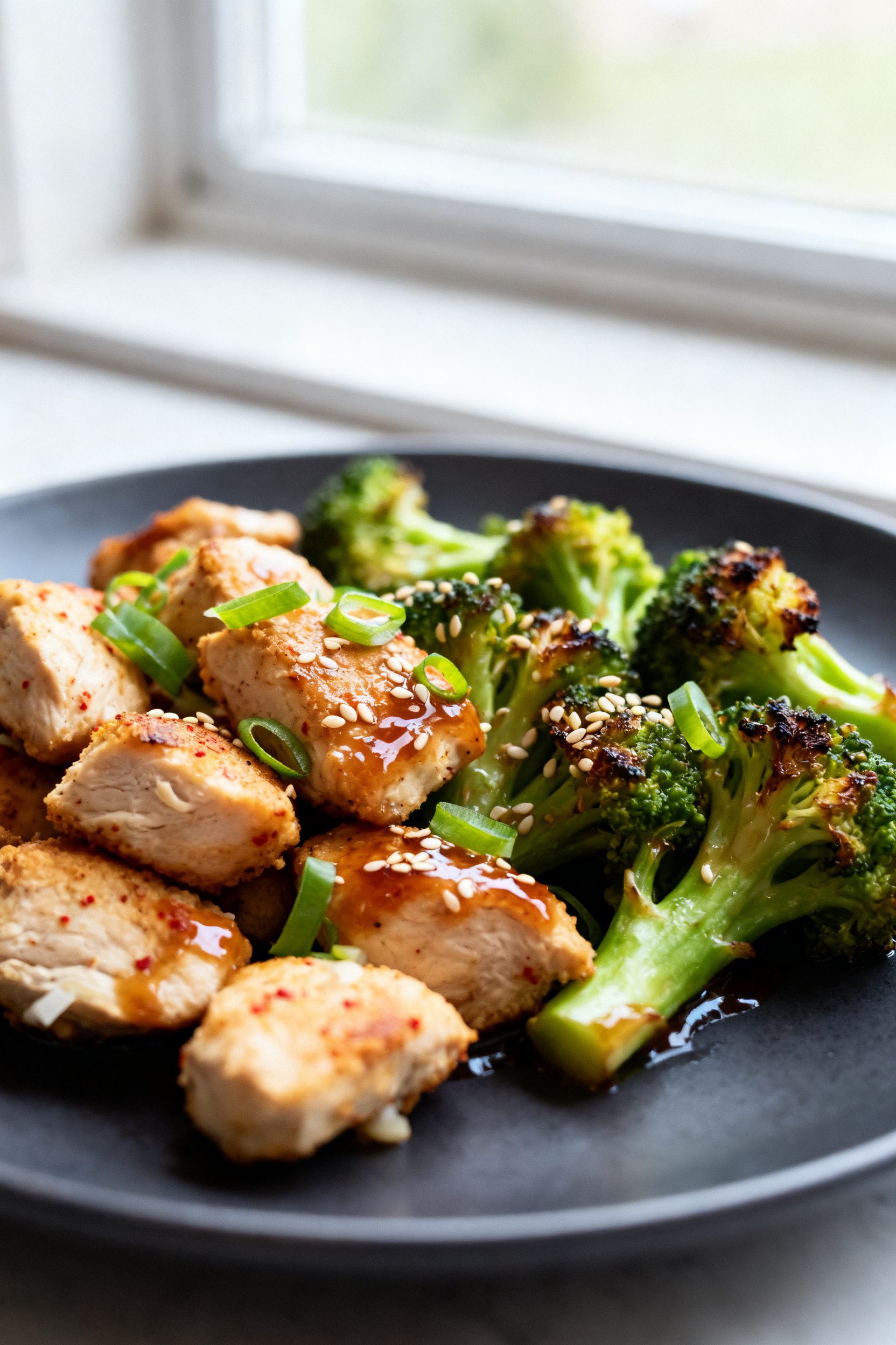 Close-up detail: Juicy air-fried chicken bites with light browning and visible paprika-garlic season