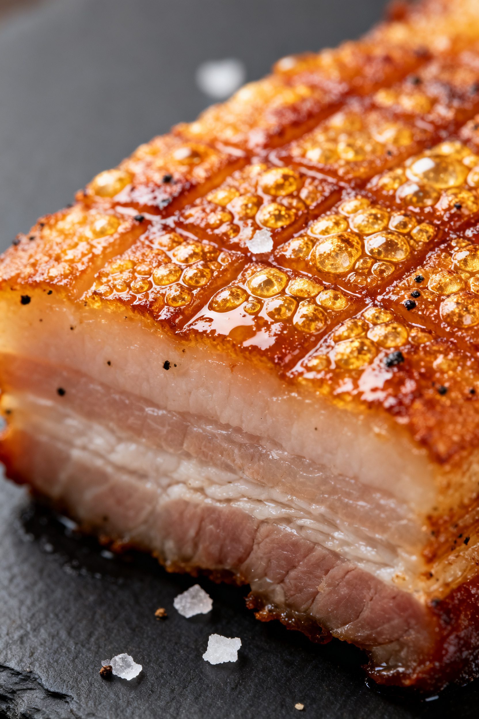 Close-up detail: Macro shot of air-fried pork belly skin, deeply golden and blistered with a glassy,