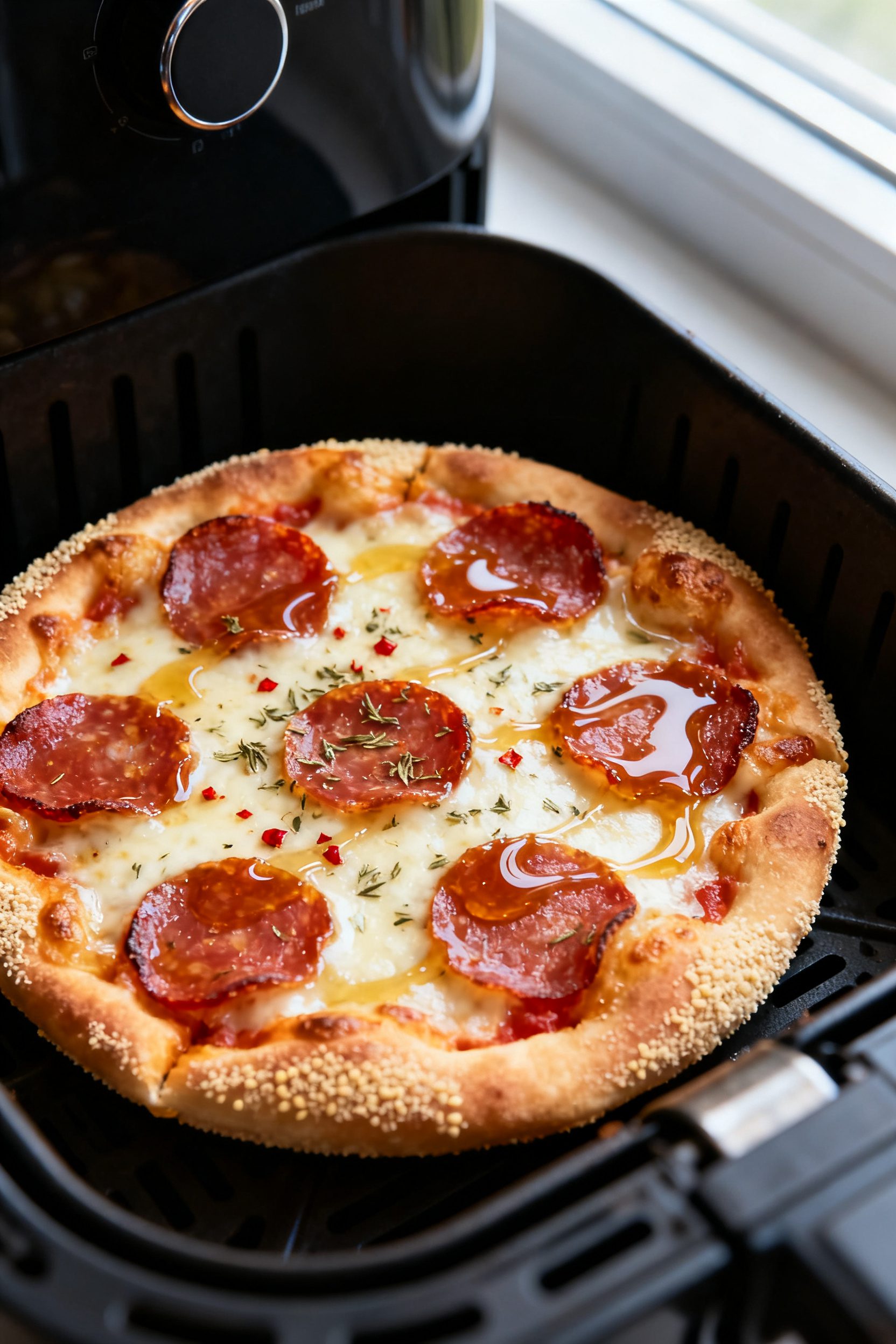 Close-up detail: Mini air fryer pizza just out of the basket, cheese bubbling and lightly blistered 