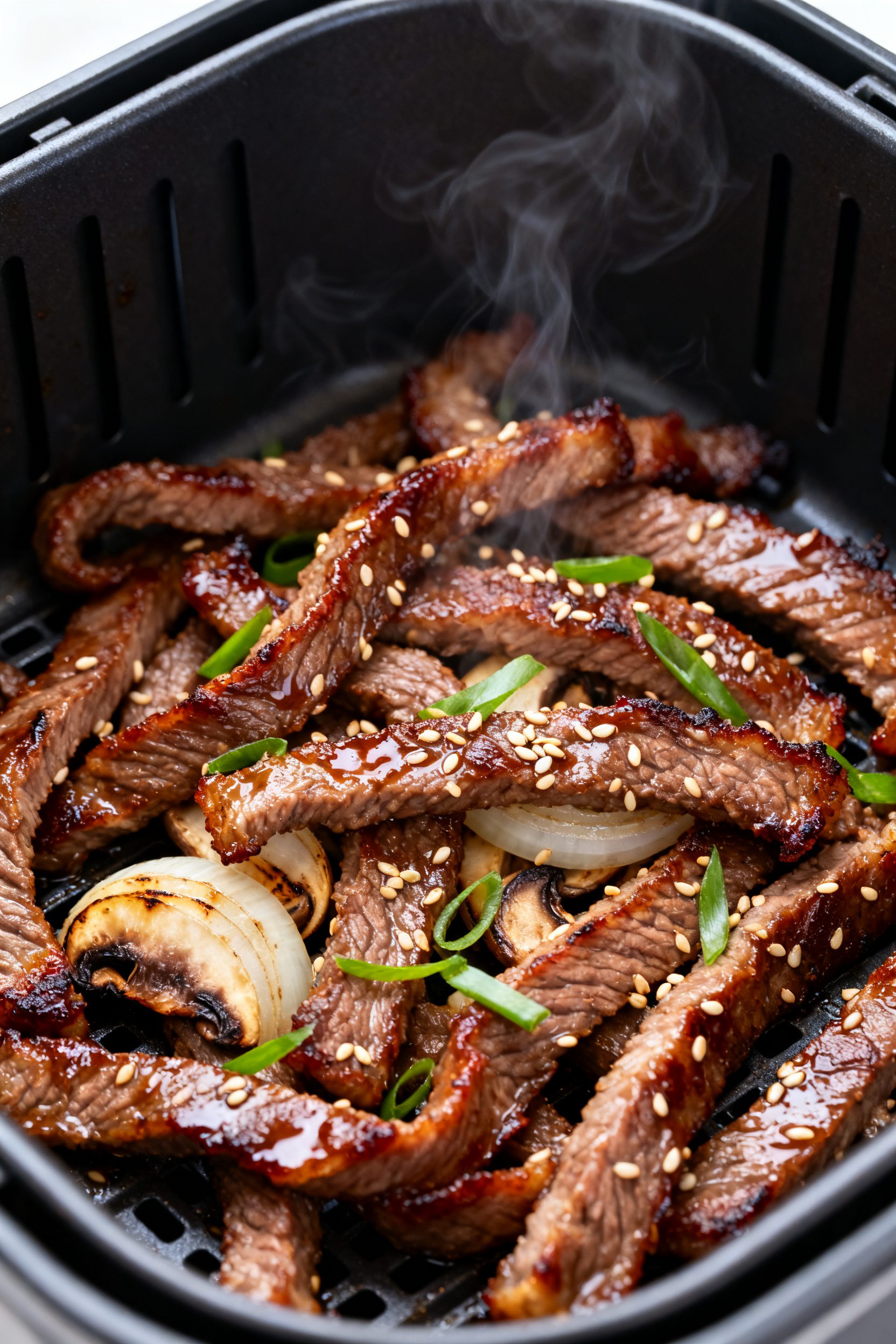 Close-up detail of air-fried bulgogi beef just out of the basket: deeply caramelized, crispy-edged r
