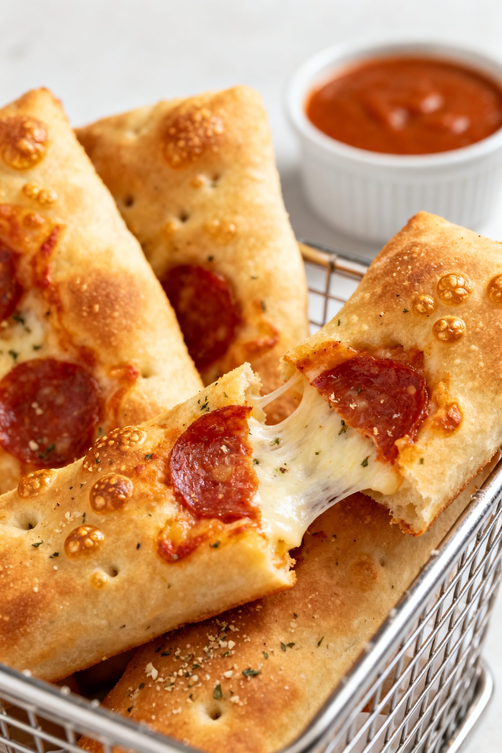 Close-up detail of freshly air-fried pizza sticks just out of the basket: golden blistered exterior
