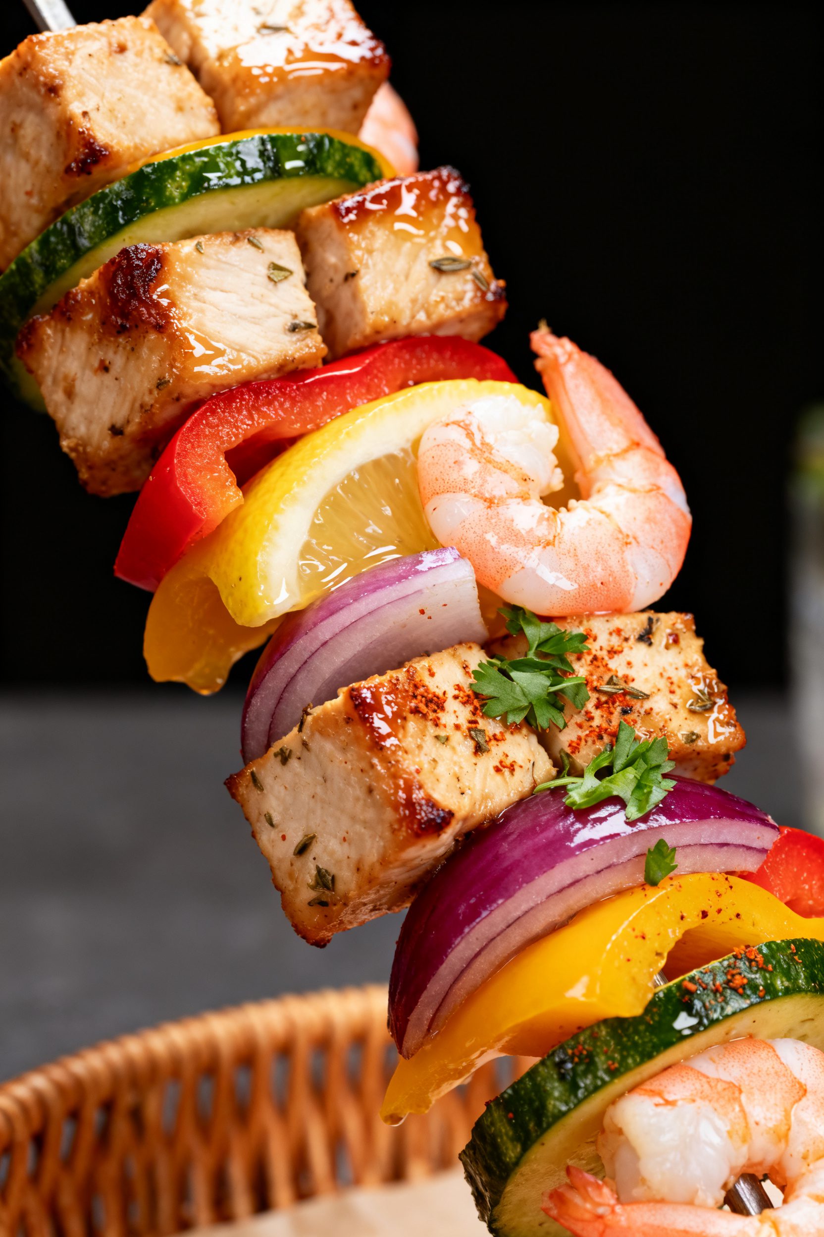 Close-up detail shot: Air-fried chicken and shrimp kabob just out of the basket, showing glossy, lig