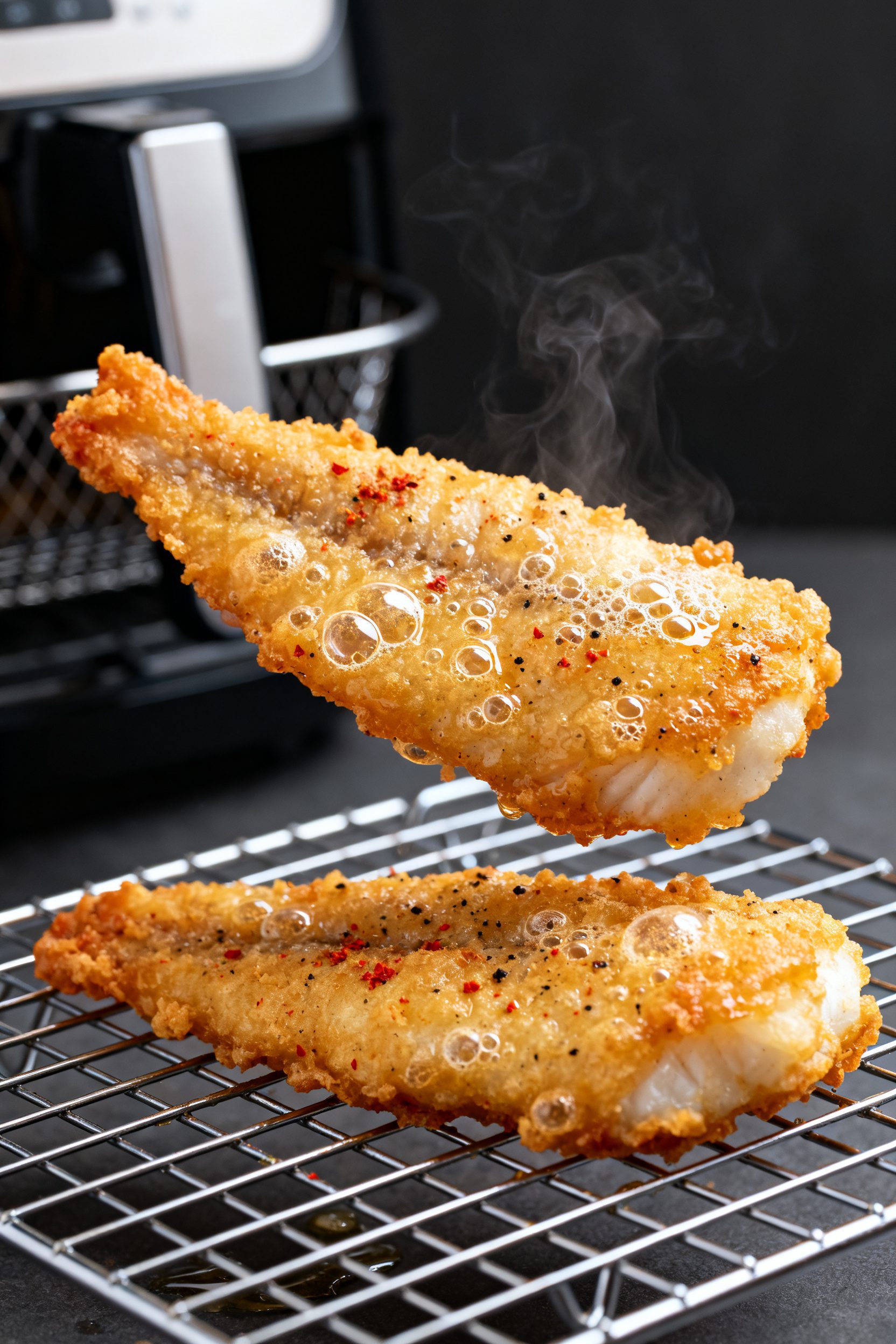 Close-up detail shot: Air fryer beer-battered cod just out of the basket, one fillet mid-flip on a w