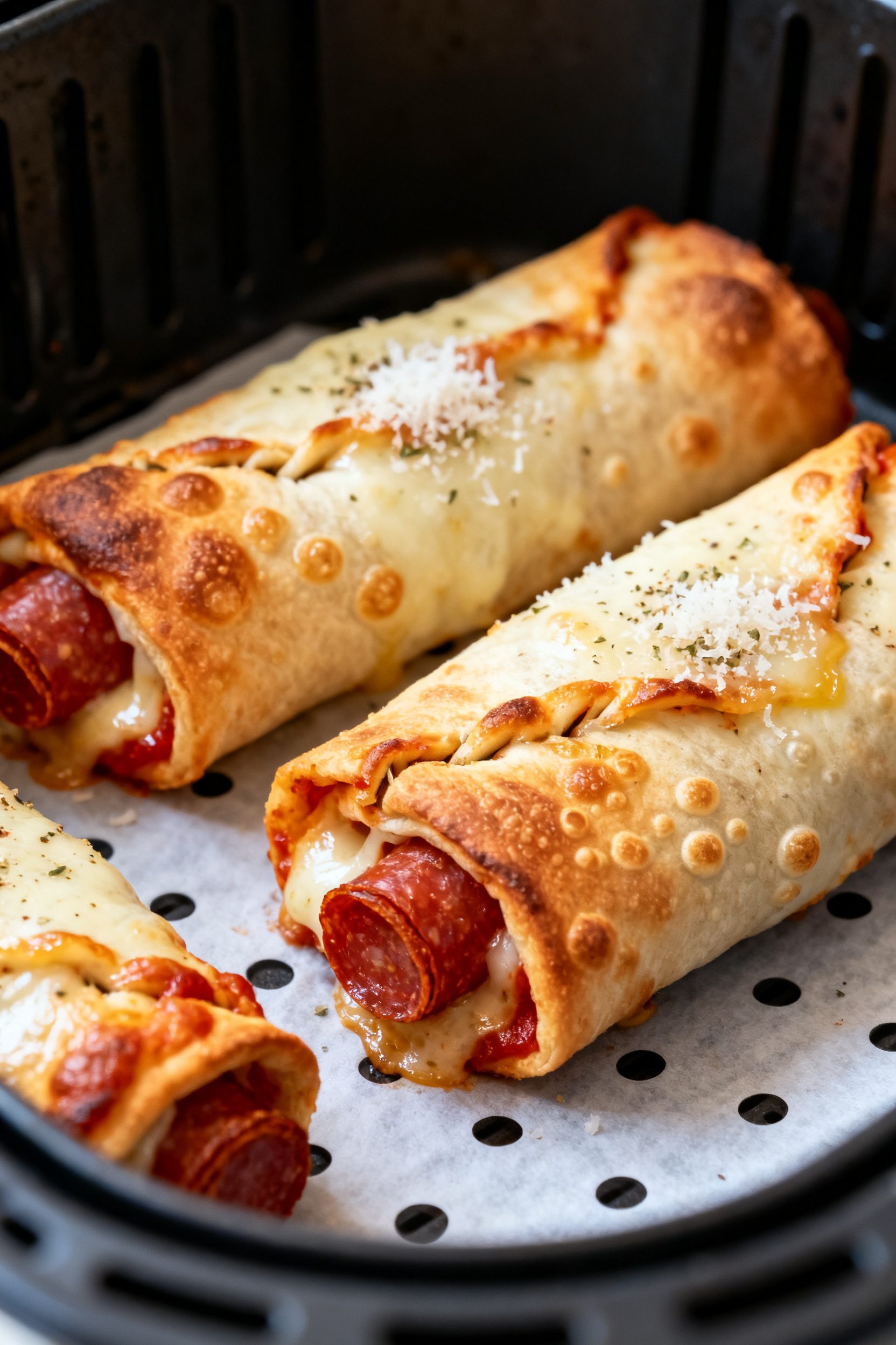 Close-up detail shot: Freshly air-fried keto pizza roll ups just after the quick crisp finish in the