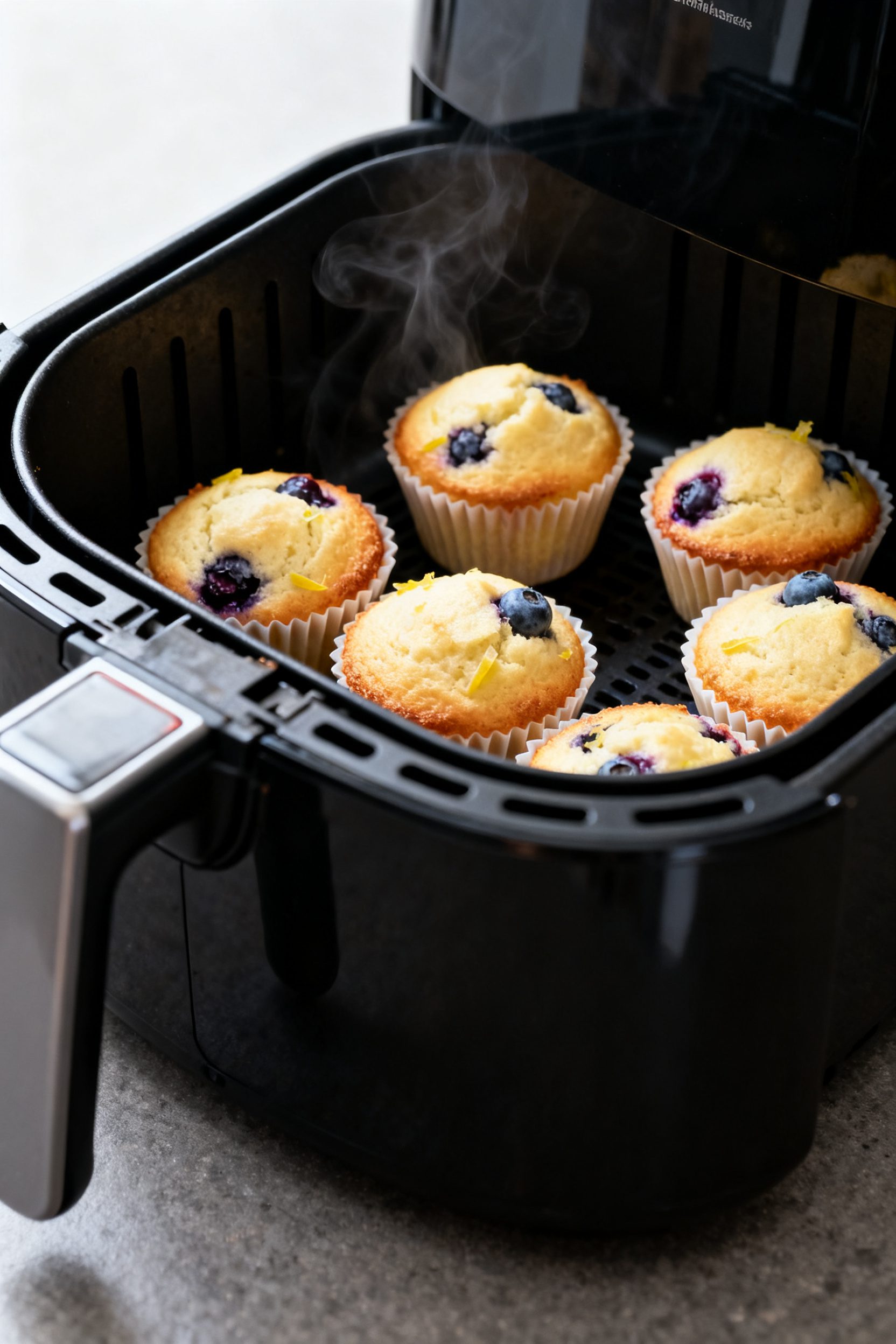 Close-up detail shot: freshly air-fried mini blueberry lemon muffins resting in silicone mini cups i