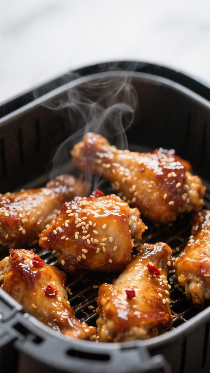 Close-up detail shot of air-fried honey glazed chicken pieces just after glazing, edges deeply caram
