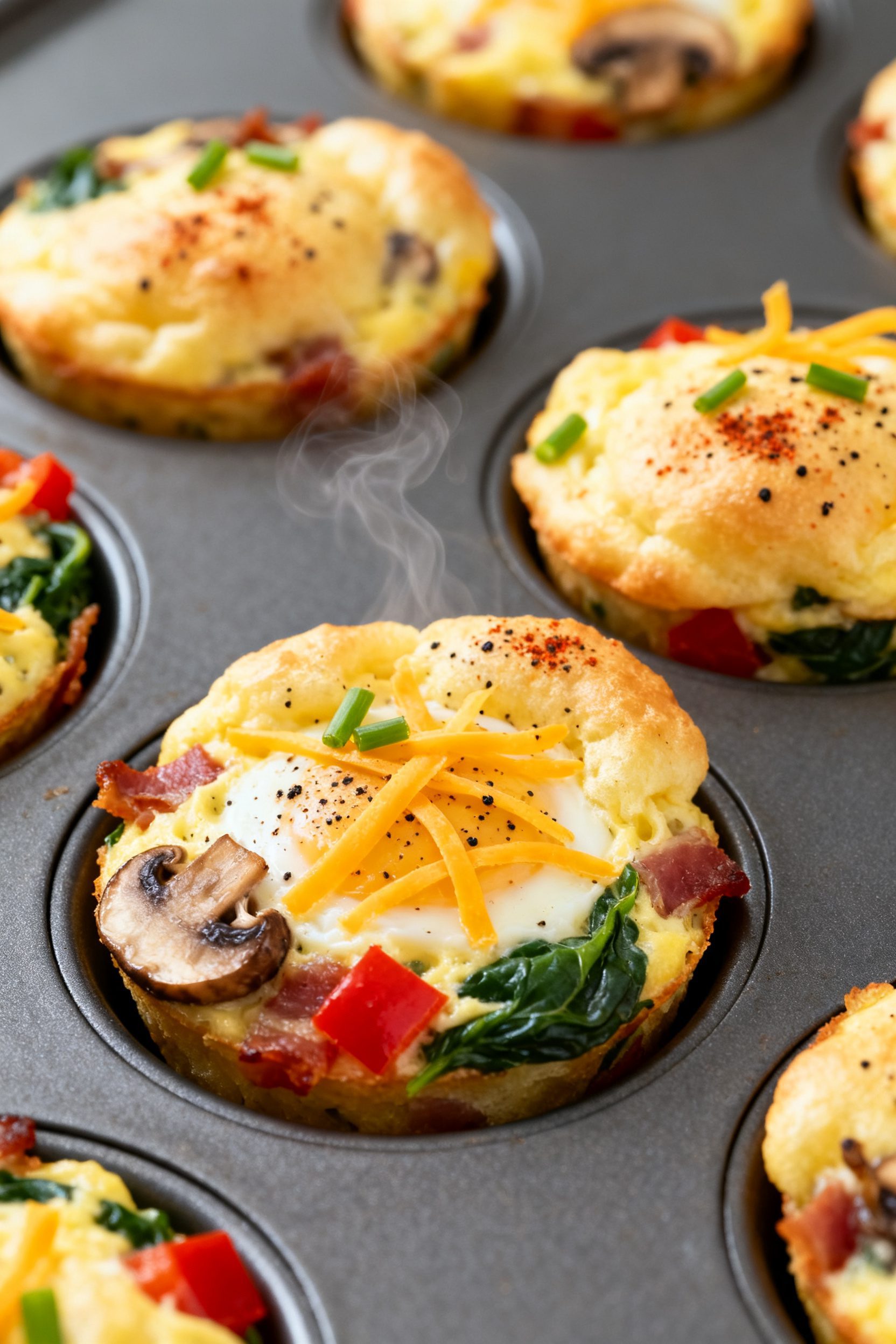 Close-up detail shot of freshly air-fried egg muffin cups just out of silicone molds, showing fluffy