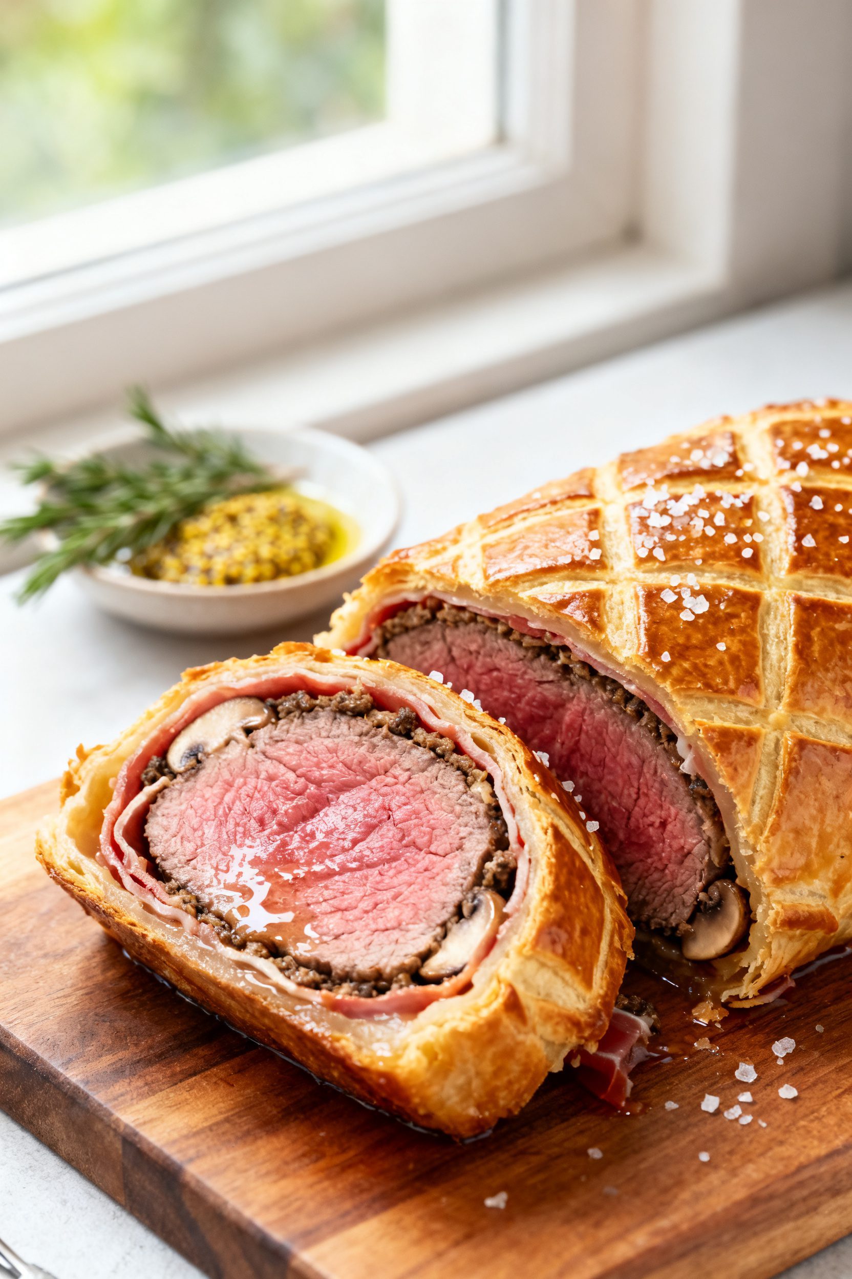 Close-up detail: Sliced Air Fryer Beef Wellington on a wooden board, showcasing a rosy medium-rare c