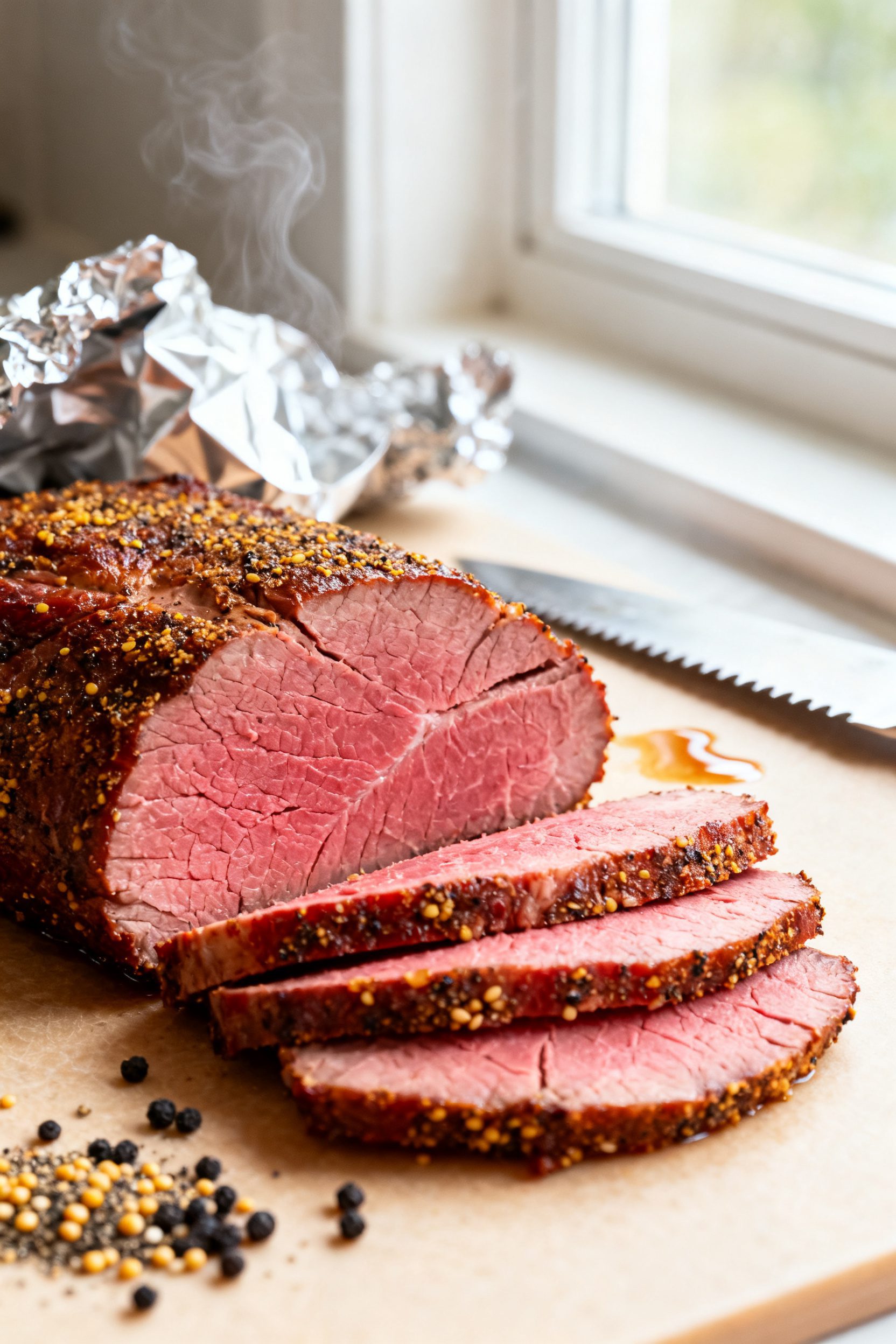 Close-up detail: Sliced air fryer corned beef, showing a peppery, caramelized crust from the mustard